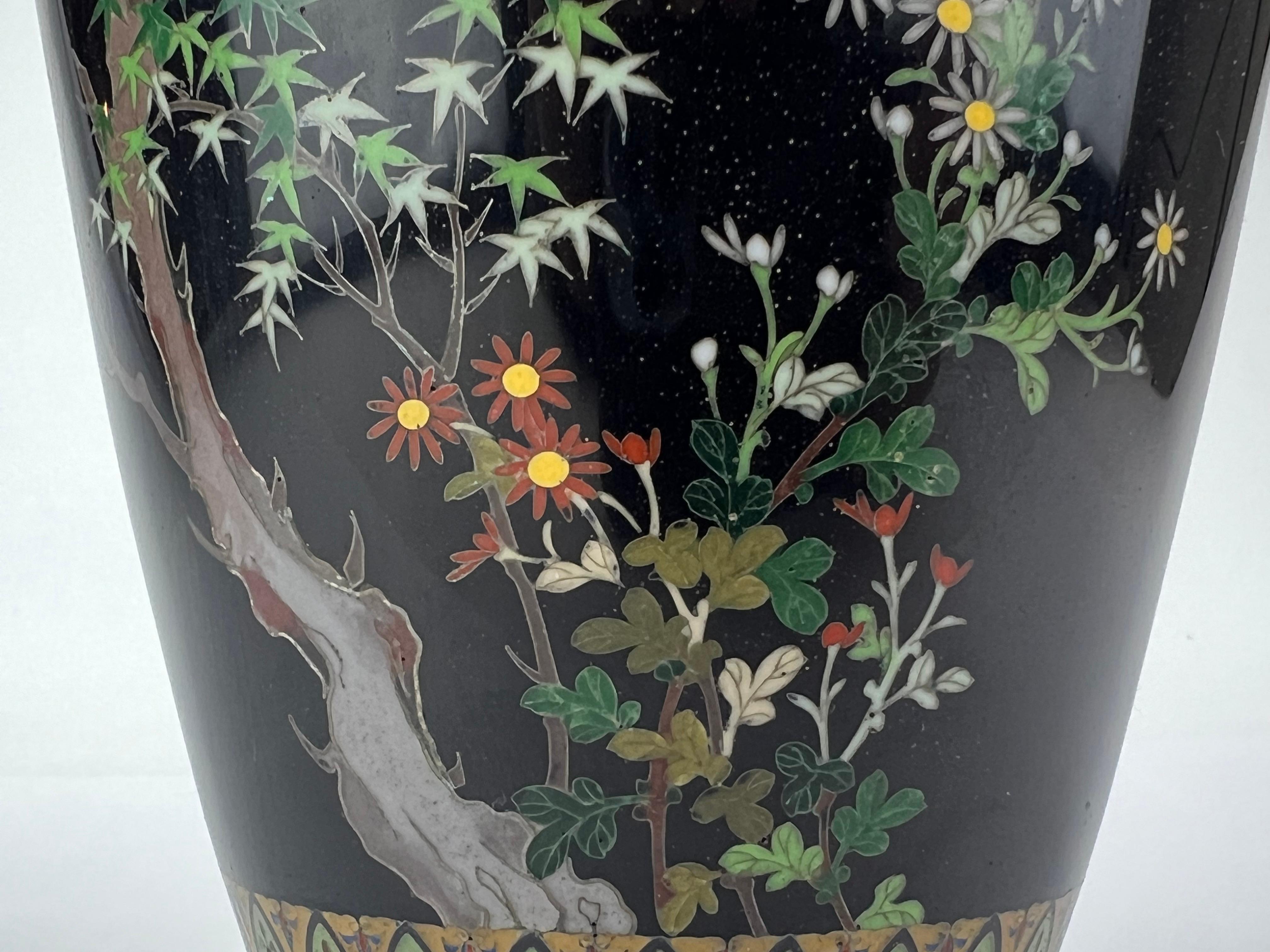 Antique Japanese Meiji Era (late 1800's) Silver Cloisonné Vase Maple & Sparrows  For Sale 6