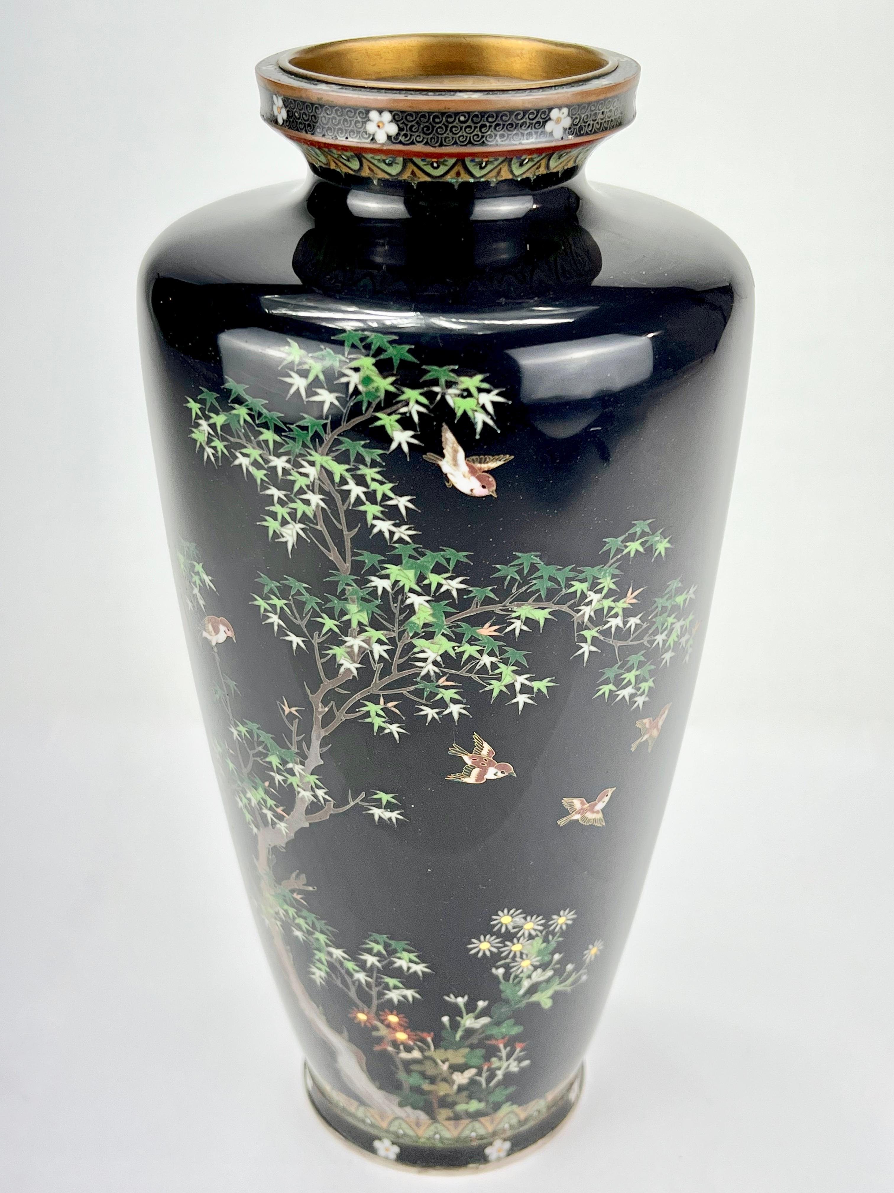 Hand-Crafted Antique Japanese Meiji Era (late 1800's) Silver Cloisonné Vase Maple & Sparrows  For Sale