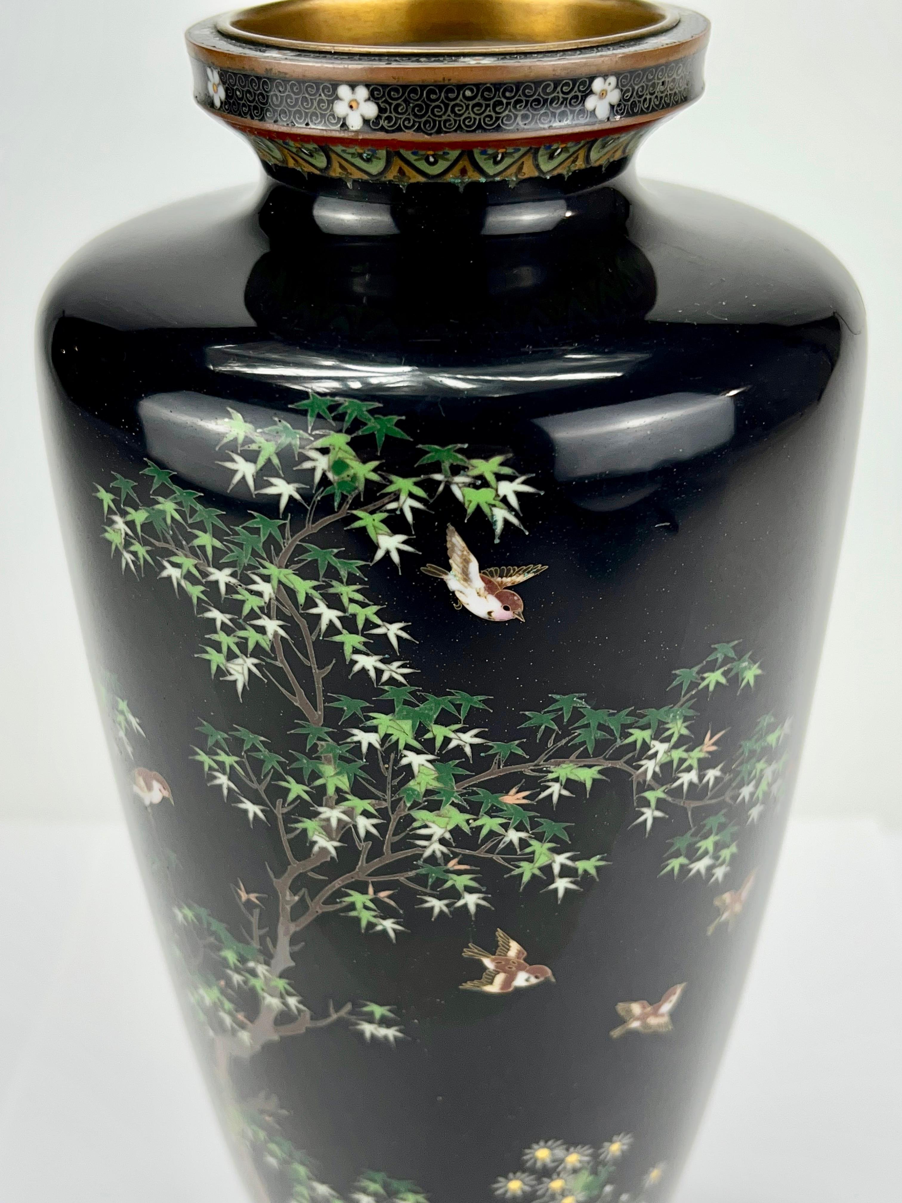 Antique Japanese Meiji Era (late 1800's) Silver Cloisonné Vase Maple & Sparrows  In Good Condition For Sale In Portland, OR