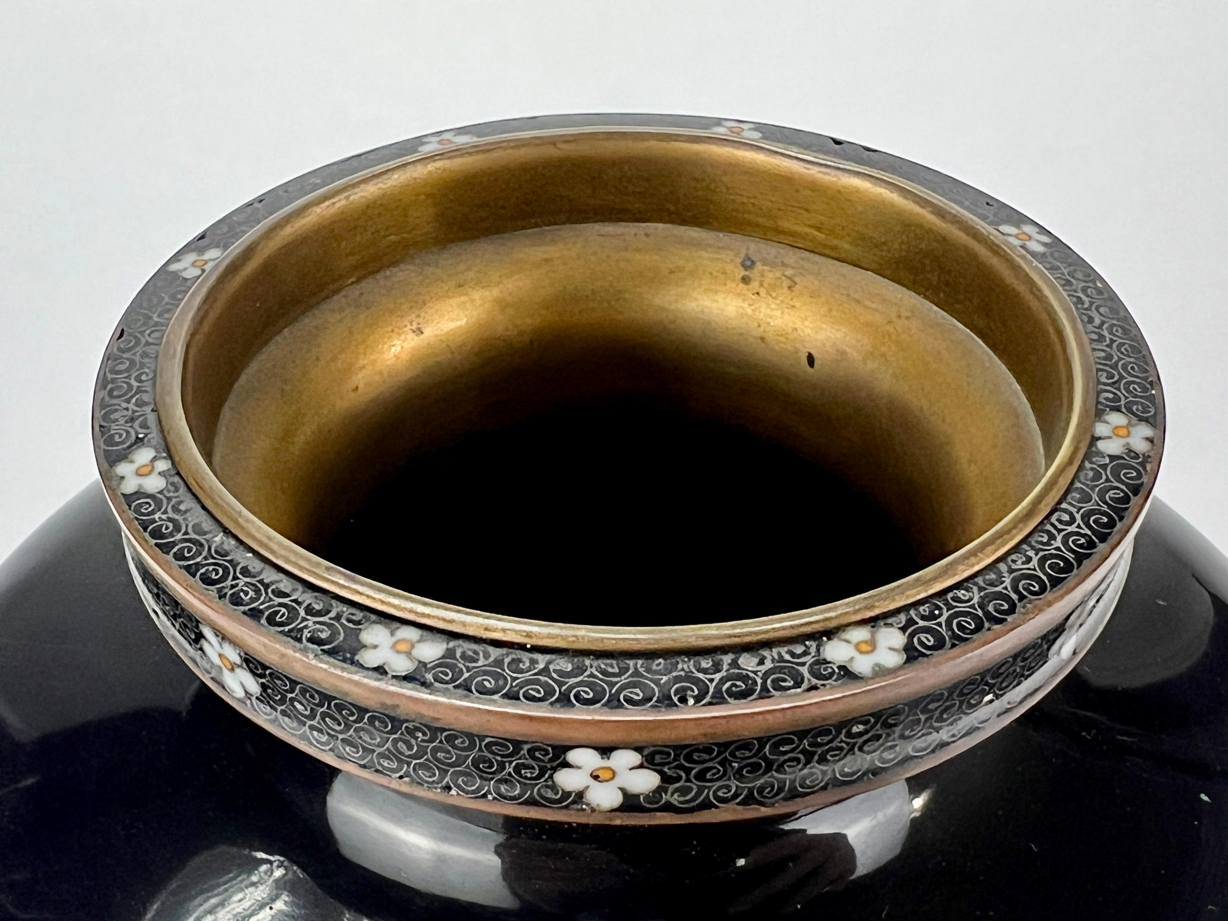 Copper Antique Japanese Meiji Era (late 1800's) Silver Cloisonné Vase Maple & Sparrows  For Sale