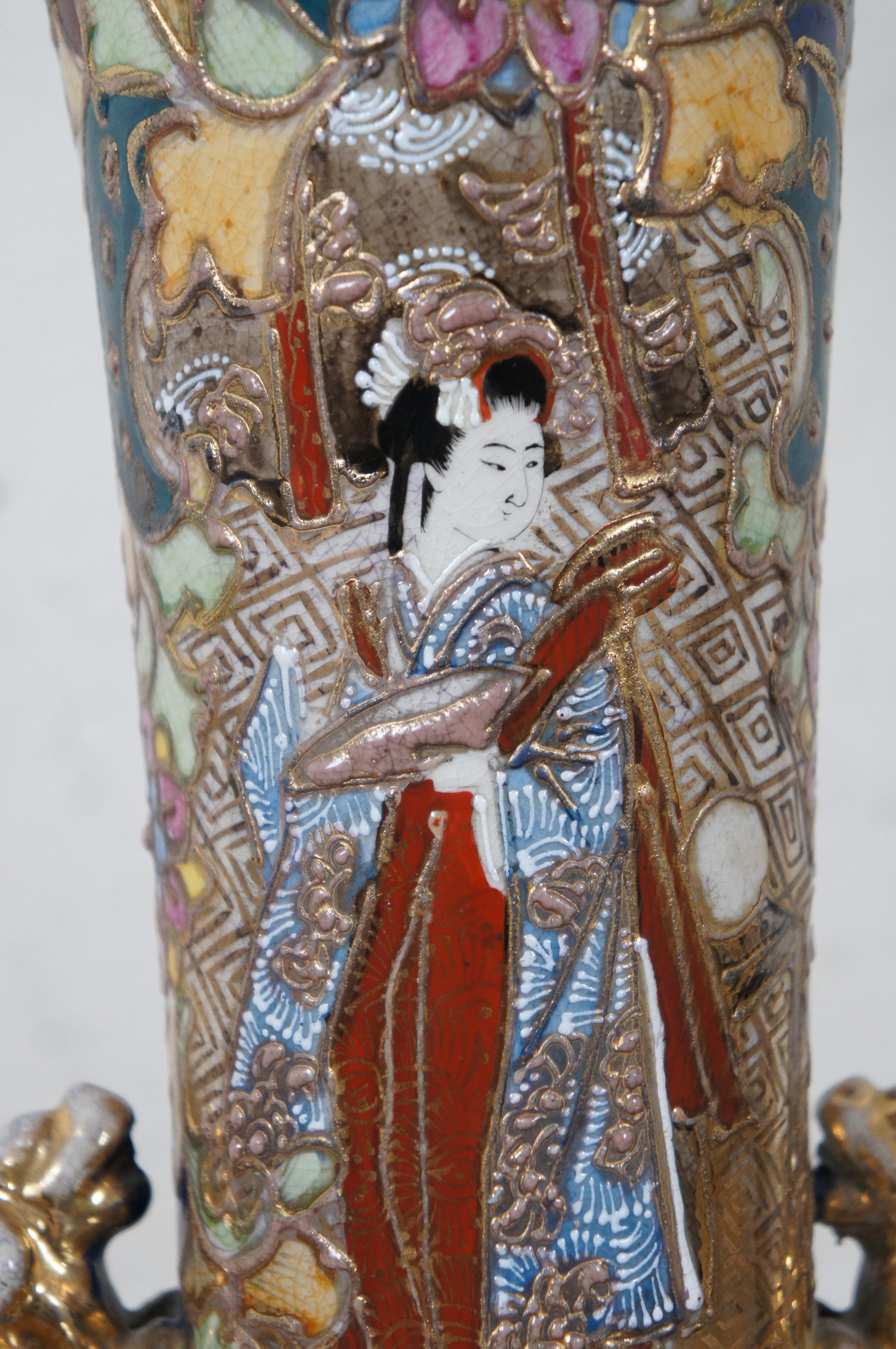 Antique Japanese Meiji Era Porcelain Satsuma Figural Kutani Vase Fu Dogs Geisha For Sale 8