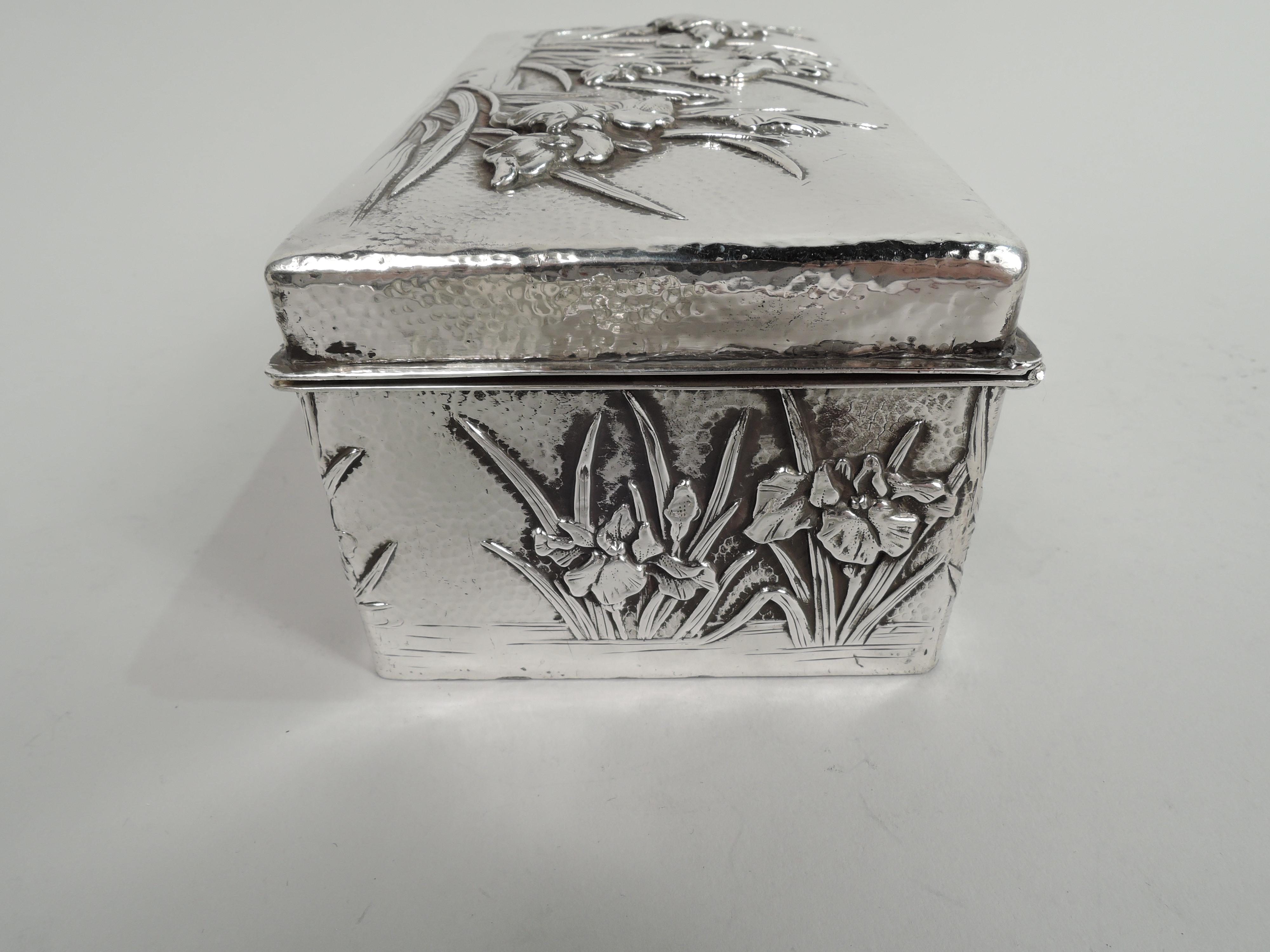 Antique Japanese Meiji-Era Silver Box with Iris Flowers For Sale 1
