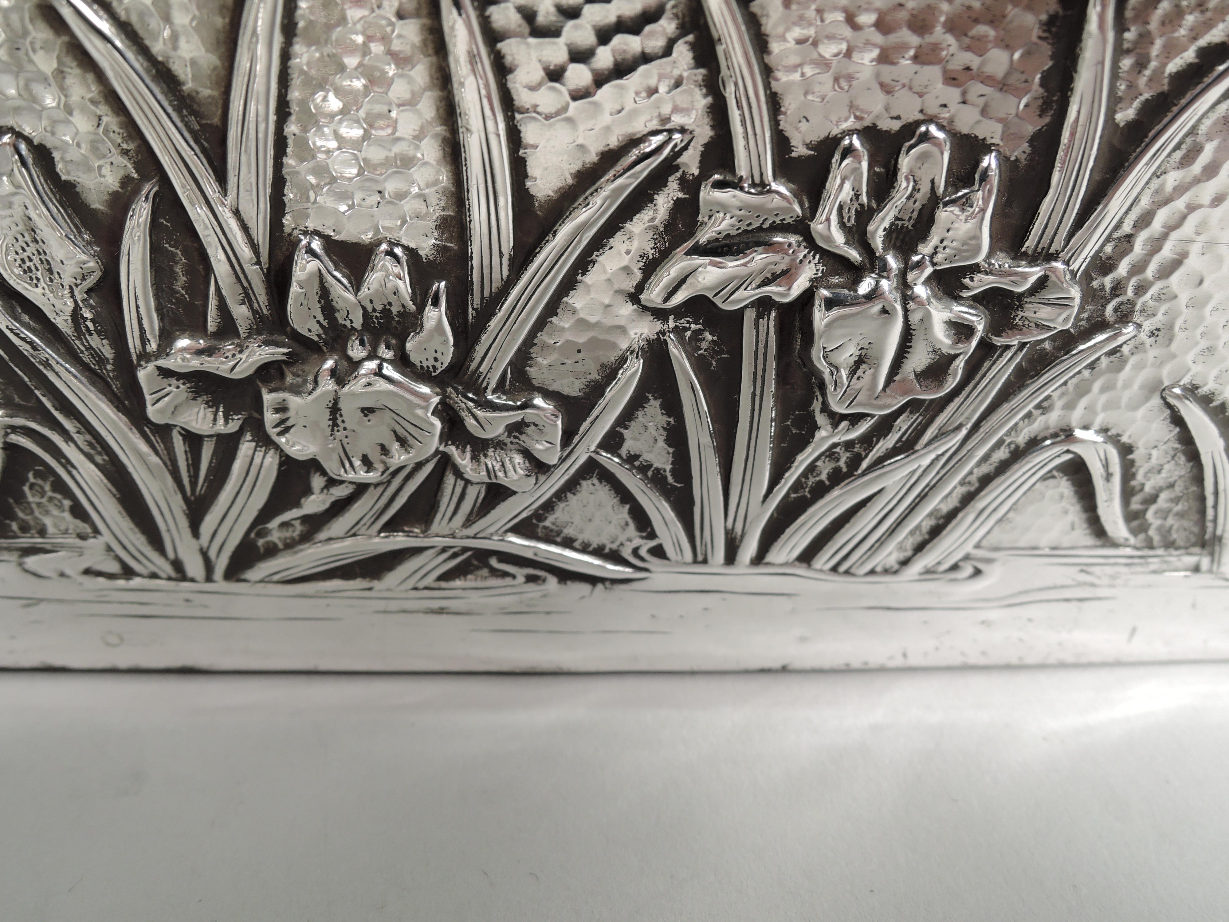 Antique Japanese Meiji-Era Silver Box with Iris Flowers For Sale 4