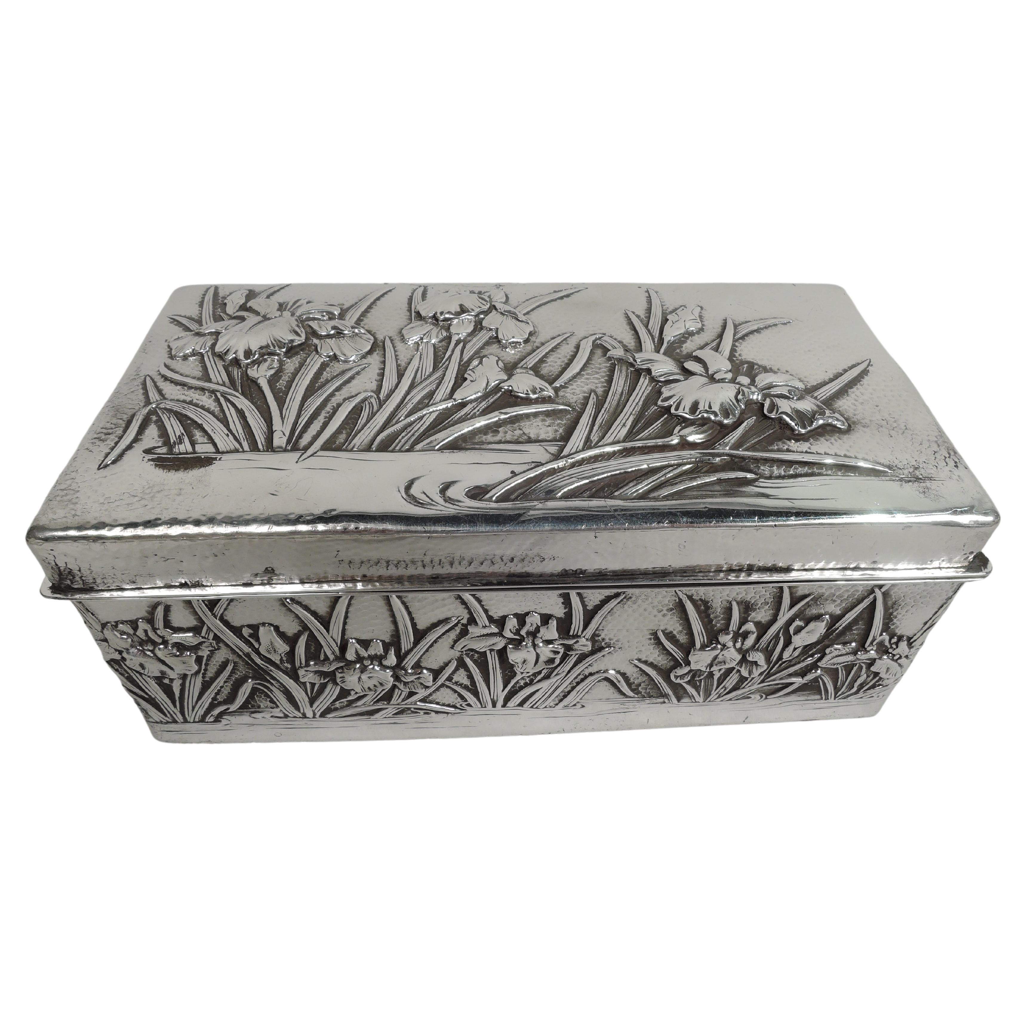 Antique Japanese Meiji-Era Silver Box with Iris Flowers For Sale