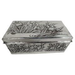 Vintage Japanese Meiji-Era Silver Box with Iris Flowers