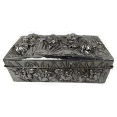 Antique Japanese Meiji-Era Silver Box with Iris Flowers