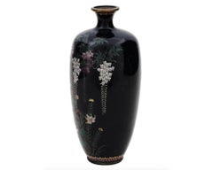 Antique Meiji Japanese Cloisonne Silver Wire Enamel Vase Birds in Garden with Bl