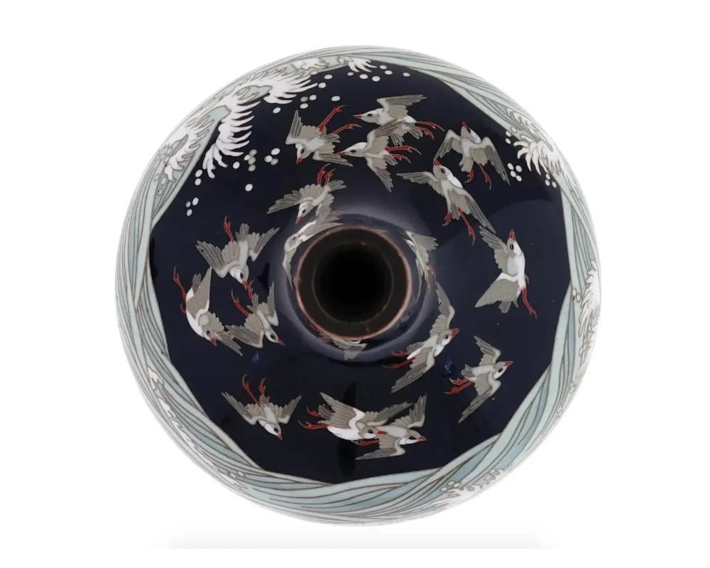 Cloissoné Antique Meiji Japanese Cloisonne Enamel Silver Wire Vase with Sparrow's over Wav For Sale