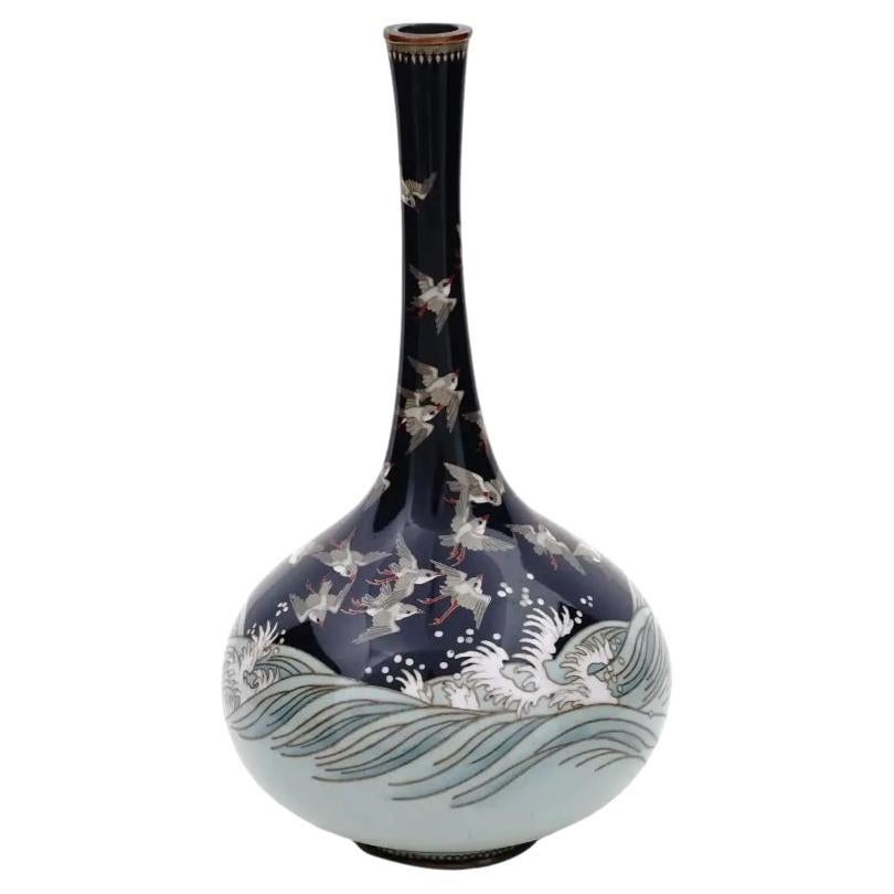 Antique Meiji Japanese Cloisonne Enamel Silver Wire Vase with Sparrow's over Wav For Sale