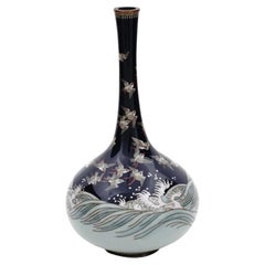 Antique Meiji Japanese Cloisonne Enamel Silver Wire Vase with Sparrow's over Wav