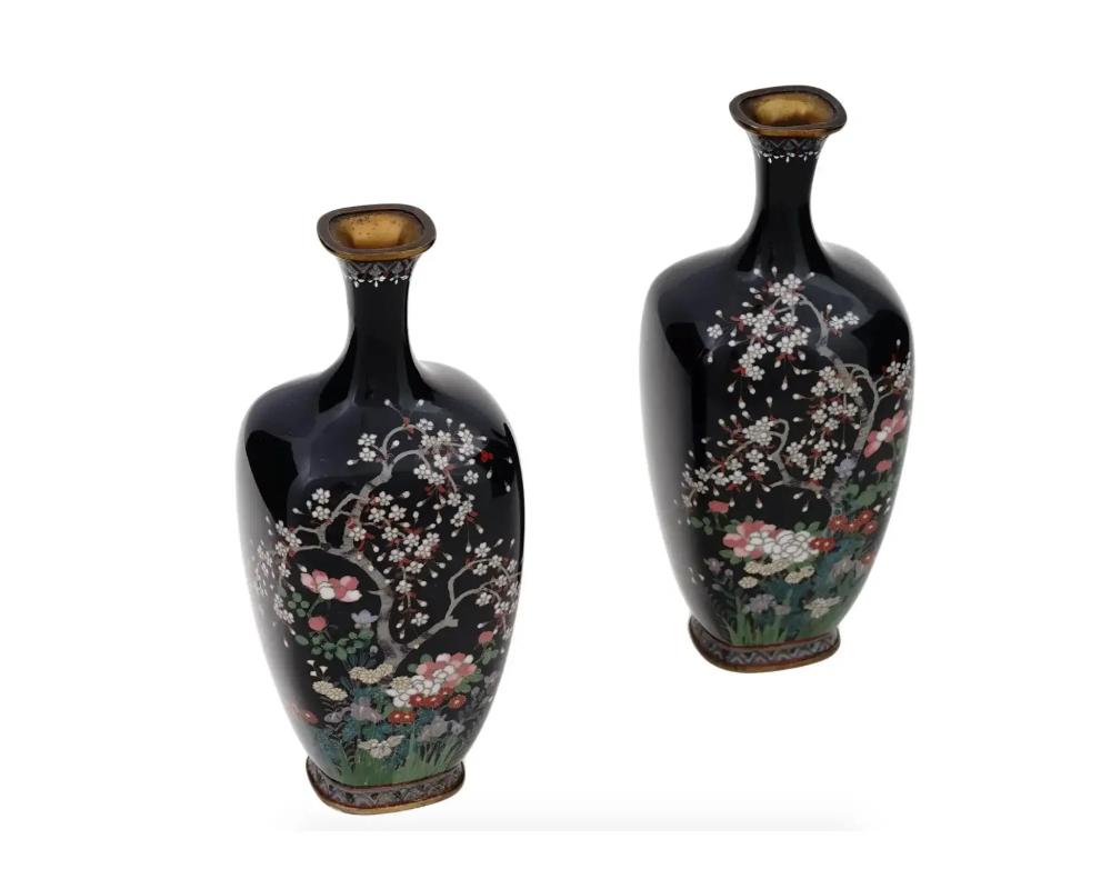 Cloissoné Pair of Antique Meiji Japanese Cloisonne Silver Wire Enamel Vases Blossoming Gar For Sale