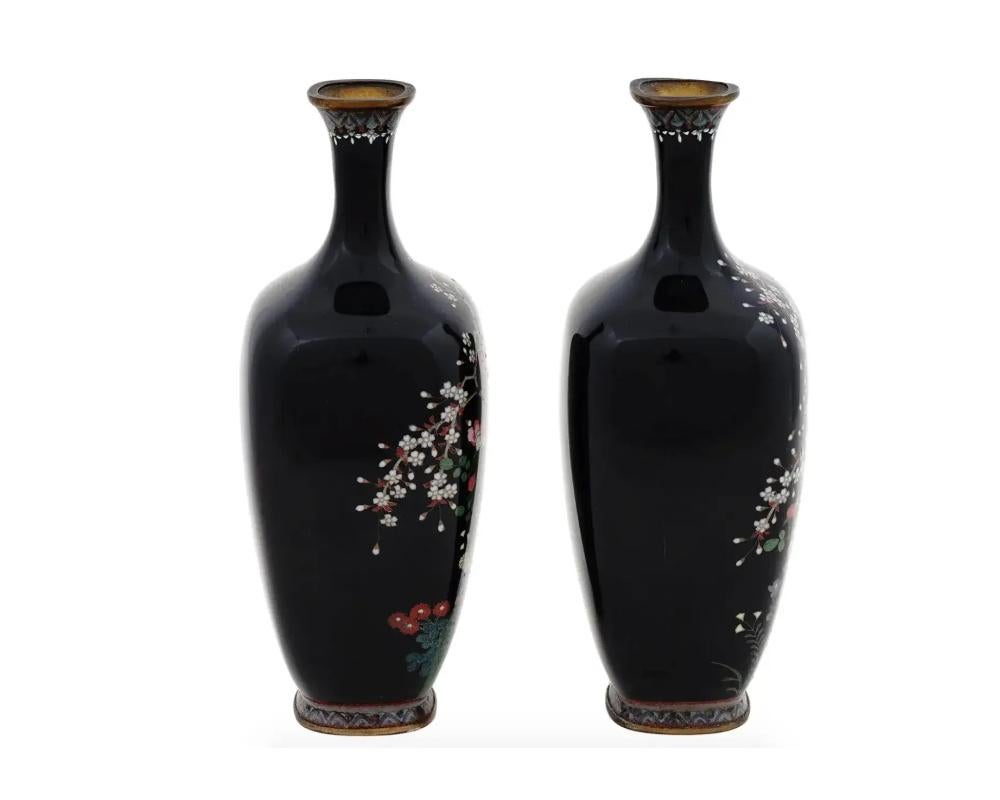 Pair of Antique Meiji Japanese Cloisonne Silver Wire Enamel Vases Blossoming Gar In Good Condition For Sale In New York, NY