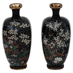 Pair of Antique Meiji Japanese Cloisonne Enamel Miniature Vases Birds in Cherry 