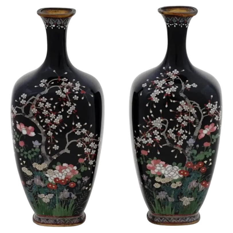 Pair of Antique Meiji Japanese Cloisonne Silver Wire Enamel Vases Blossoming Gar For Sale