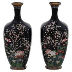 Pair of Antique Meiji Japanese Cloisonne Silver Wire Enamel Vases Blossoming Gar