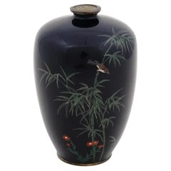 Antike Meiji Japanisch Cloisonne Silber Draht Emaille Miniatur Vase Vogel auf Bambo