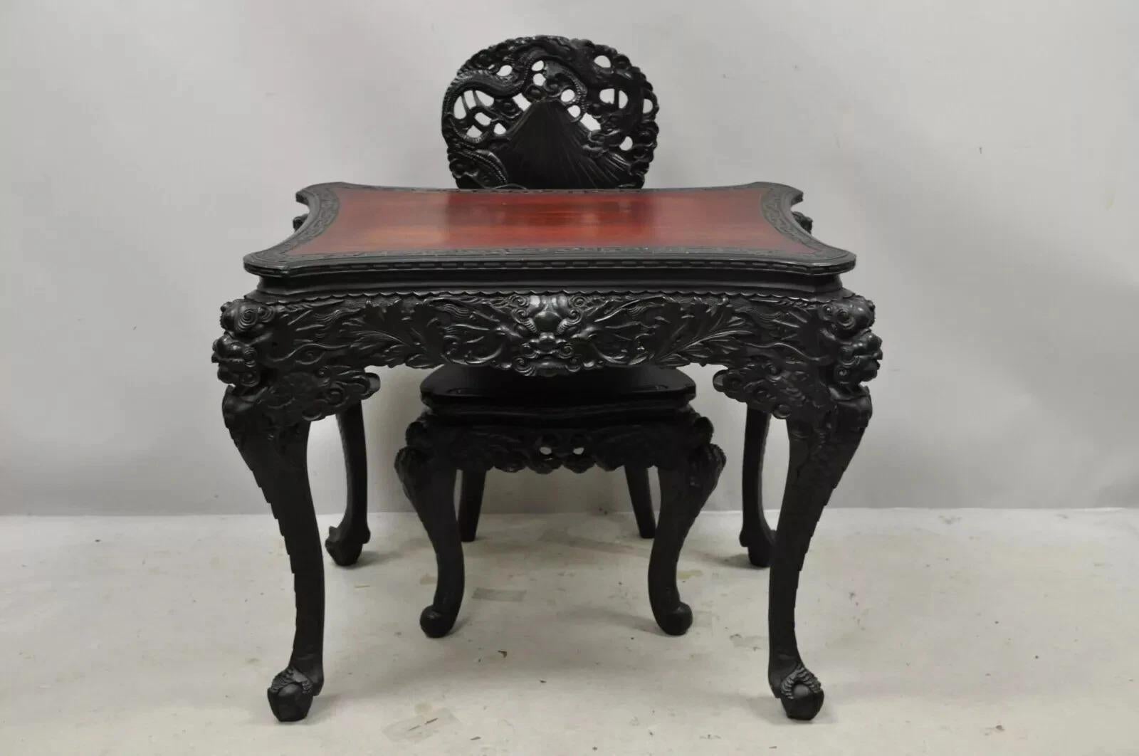 Antique Japanese Meiji Export Hardwood Mt. Fuji Dragon Carved Desk and Chair Set. Listing includes (1) chair, (1) desk, Mt. Fuji and Dragon carvings, ball and claw feet, scale carved legs, elegantly shaped top, dragon carved chair, very nice antique