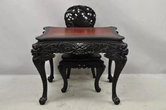 Antique Japanese Meiji Export Hardwood Mt. Fuji Dragon Carved Desk and Chair Set