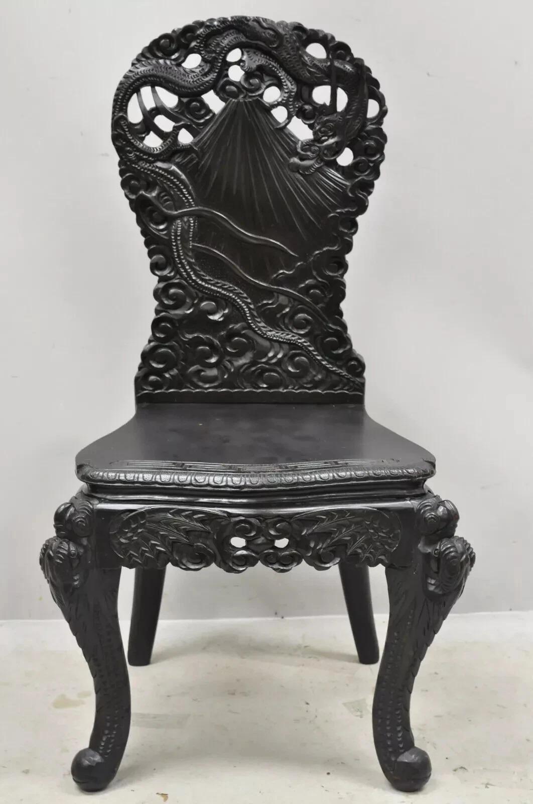 Cineserie Antique Japanese Meiji Export Hardwood Mt. Fuji Dragon Carved Desk and Chair Set in vendita