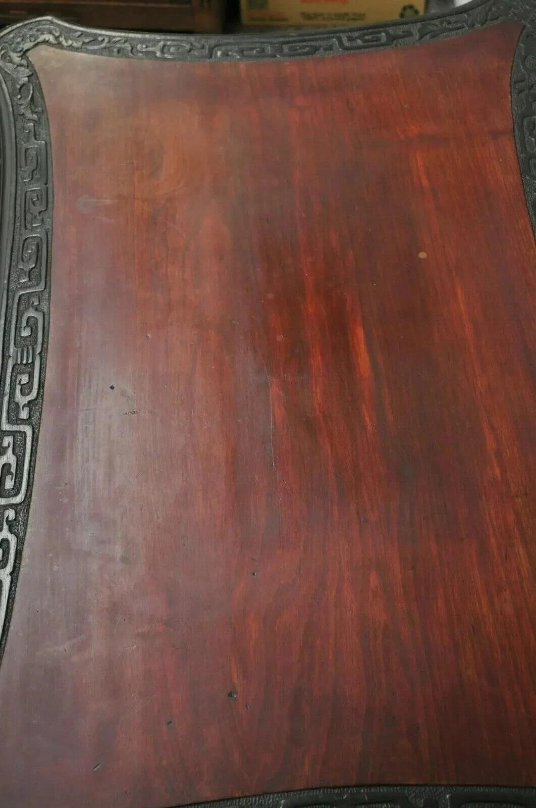 XIX secolo Antique Japanese Meiji Export Hardwood Mt. Fuji Dragon Carved Desk and Chair Set in vendita