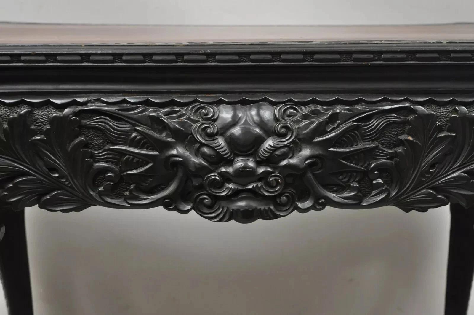 Legno Antique Japanese Meiji Export Hardwood Mt. Fuji Dragon Carved Desk and Chair Set in vendita