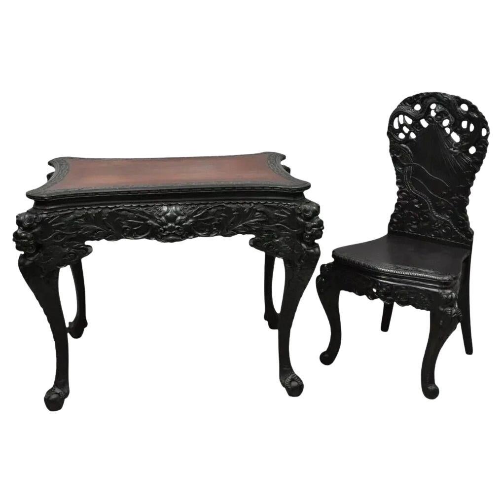 Antique Japanese Meiji Export Hardwood Mt. Fuji Dragon Carved Desk and Chair Set in vendita