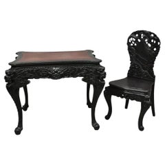Antique Japanese Meiji Export Hardwood Mt. Fuji Dragon Carved Desk and Chair Set
