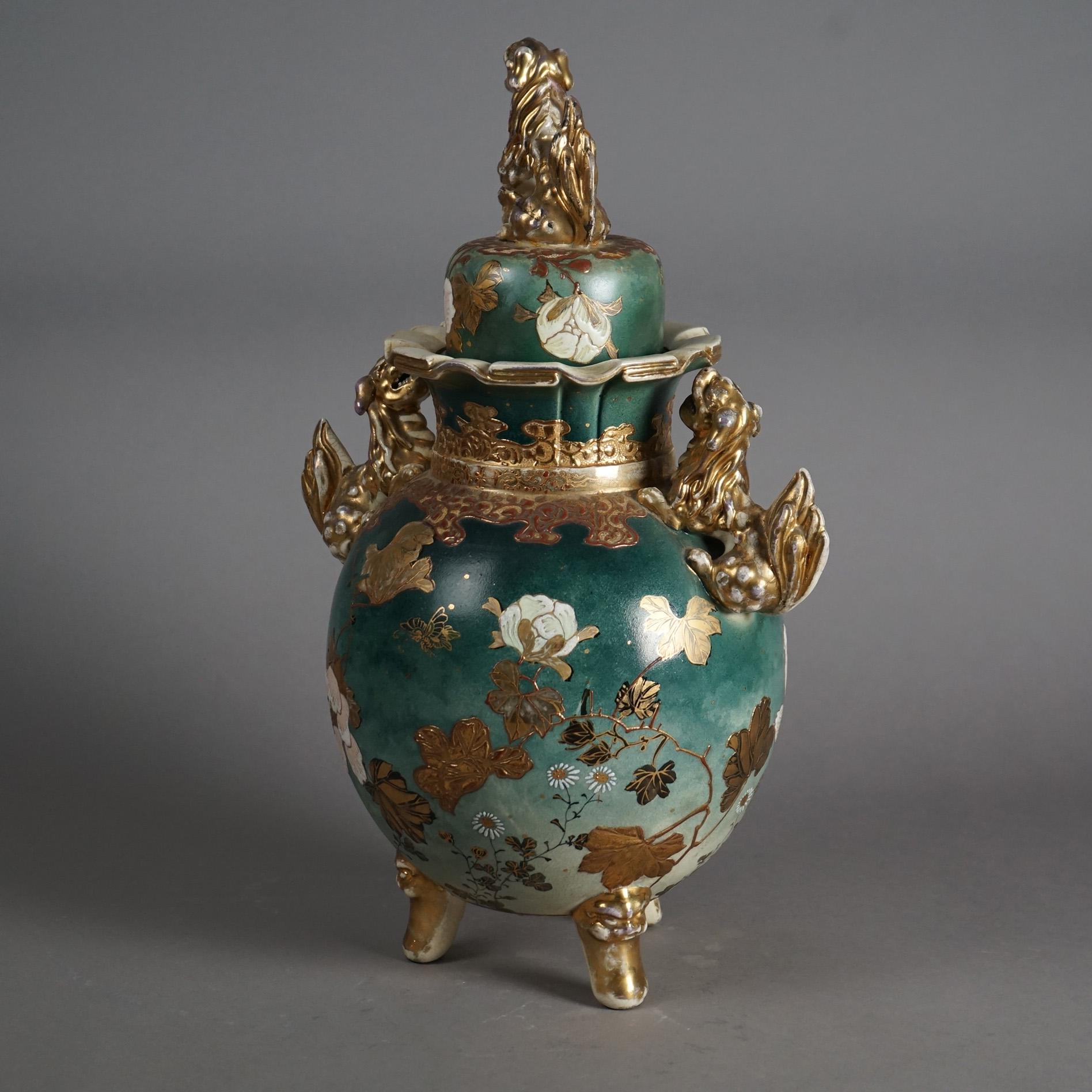 Antique Japanese Meiji Figural Hand Painted & Gilt Footed Foo Dog Urn C1910 In Good Condition In Big Flats, NY