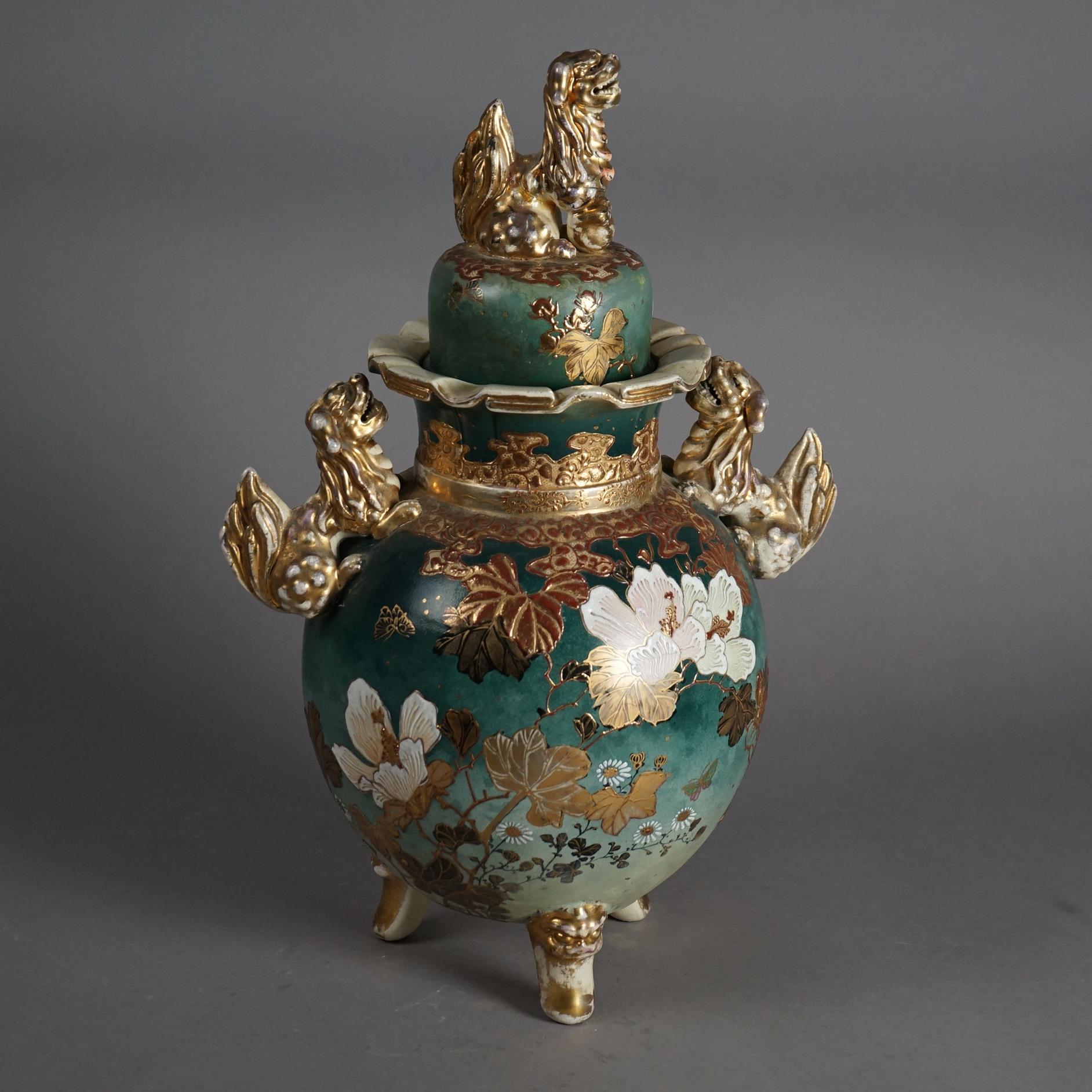 20th Century Antique Japanese Meiji Figural Hand Painted & Gilt Footed Foo Dog Urn C1910