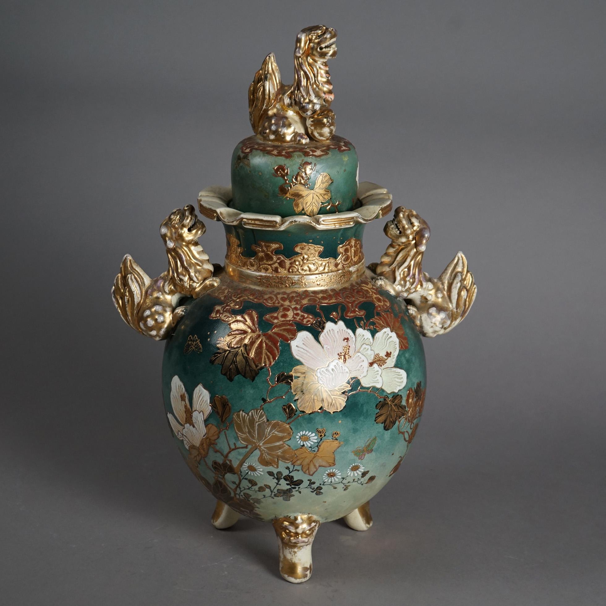 Porcelain Antique Japanese Meiji Figural Hand Painted & Gilt Footed Foo Dog Urn C1910