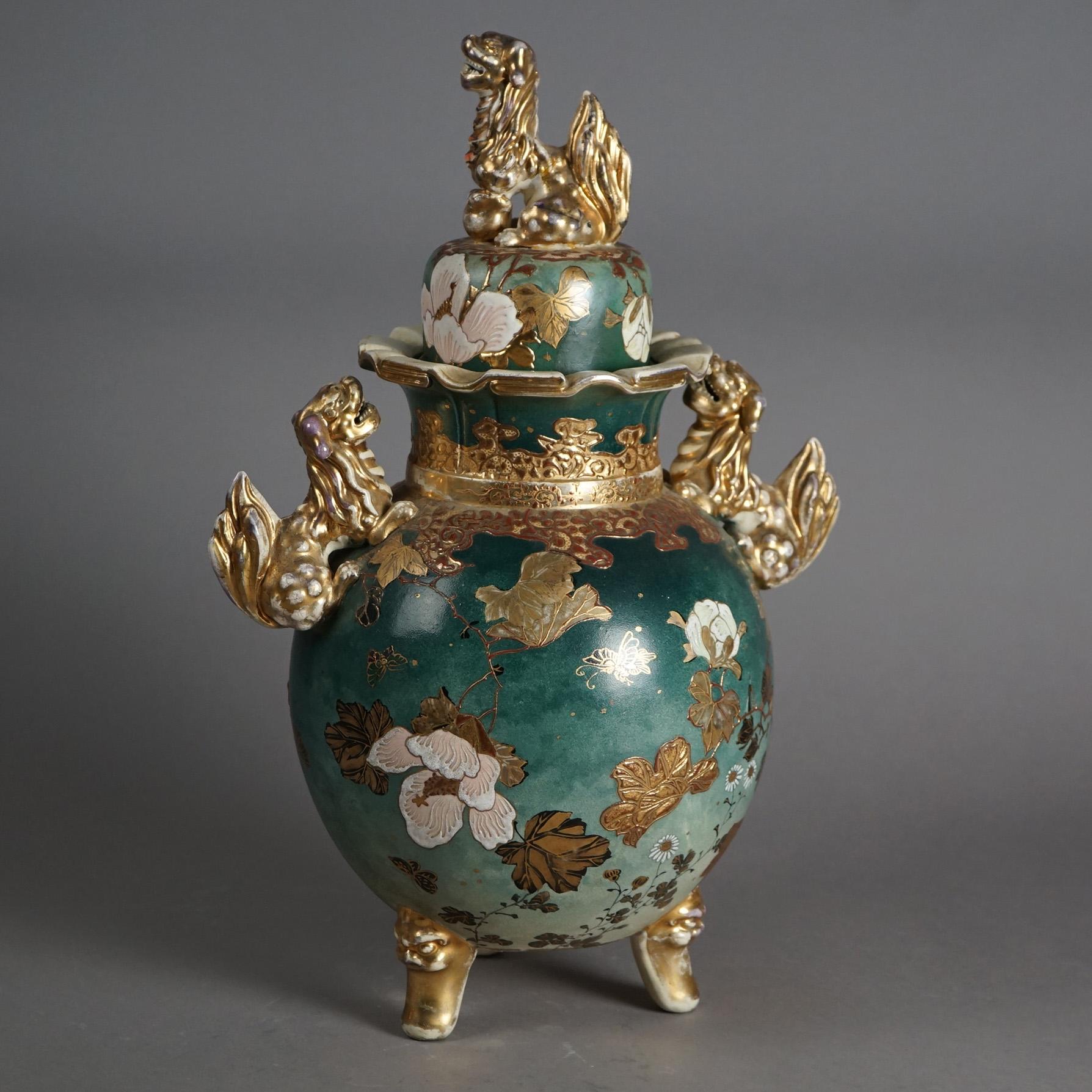 Antique Japanese Meiji Figural Hand Painted & Gilt Footed Foo Dog Urn C1910 1