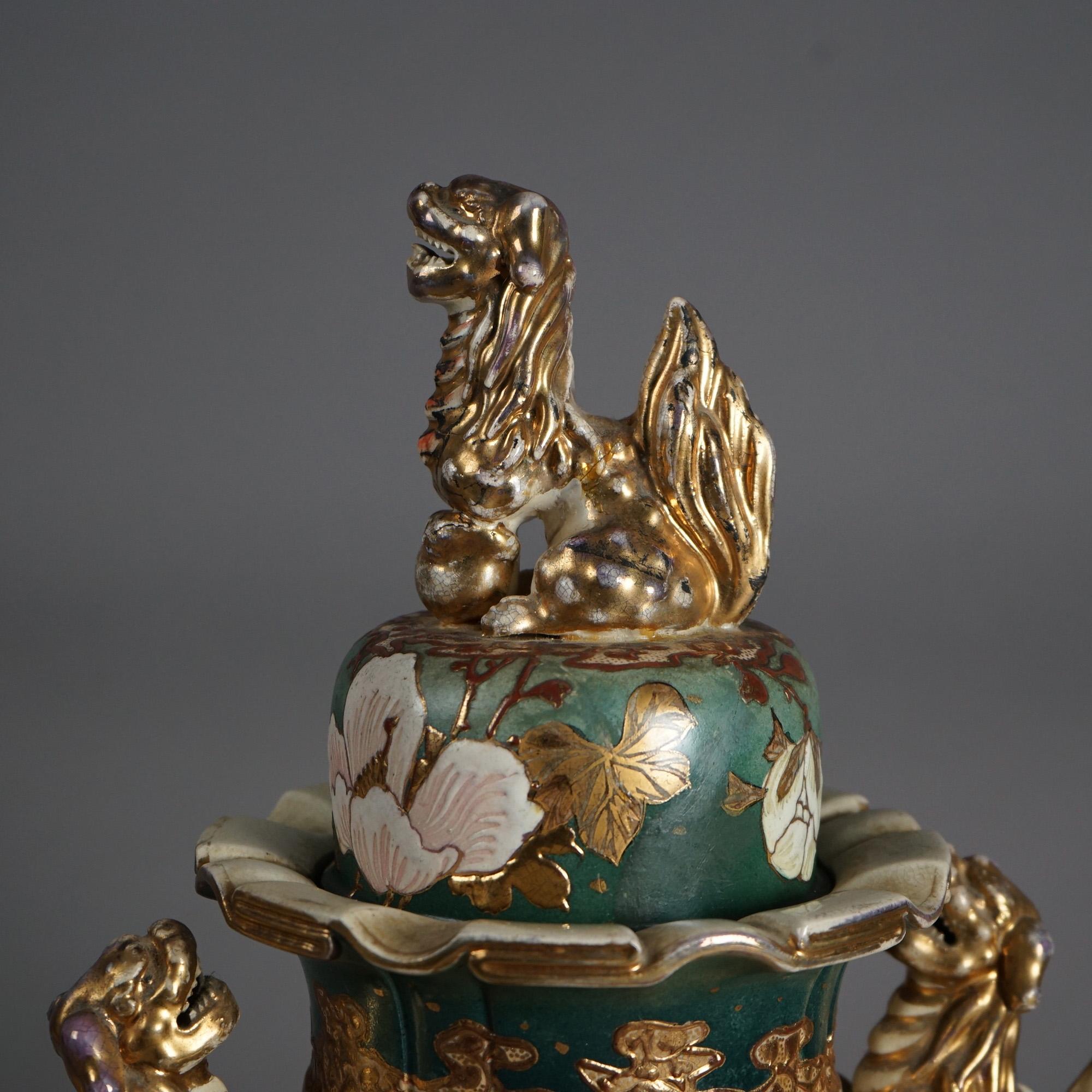 Antique Japanese Meiji Figural Hand Painted & Gilt Footed Foo Dog Urn C1910 2