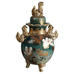 Antique Japanese Meiji Figural Hand Painted & Gilt Footed Foo Dog Urn C1910