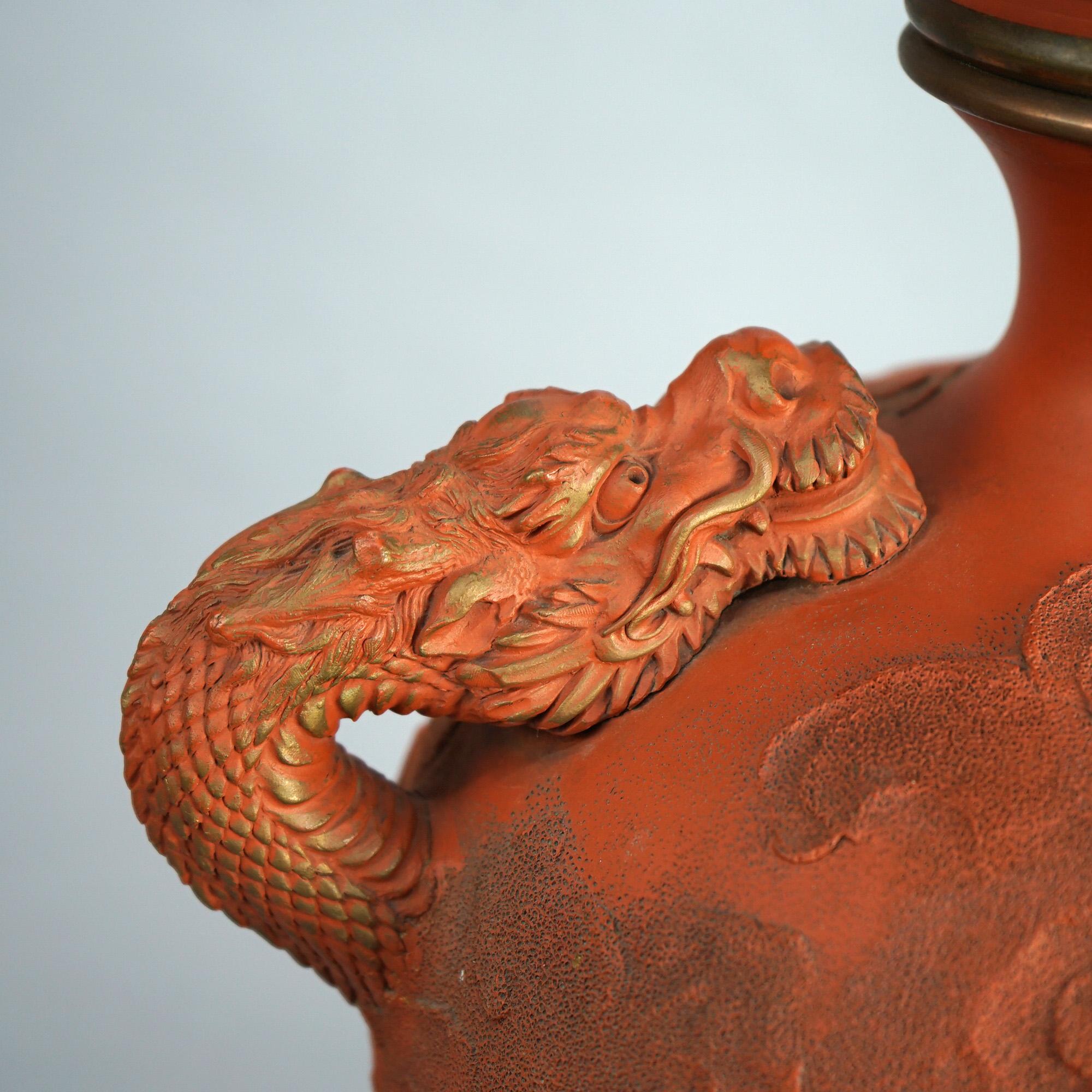 American Antique Japanese Meiji Figural Terra Cotta Monumental Dragon Table Lamp C1900