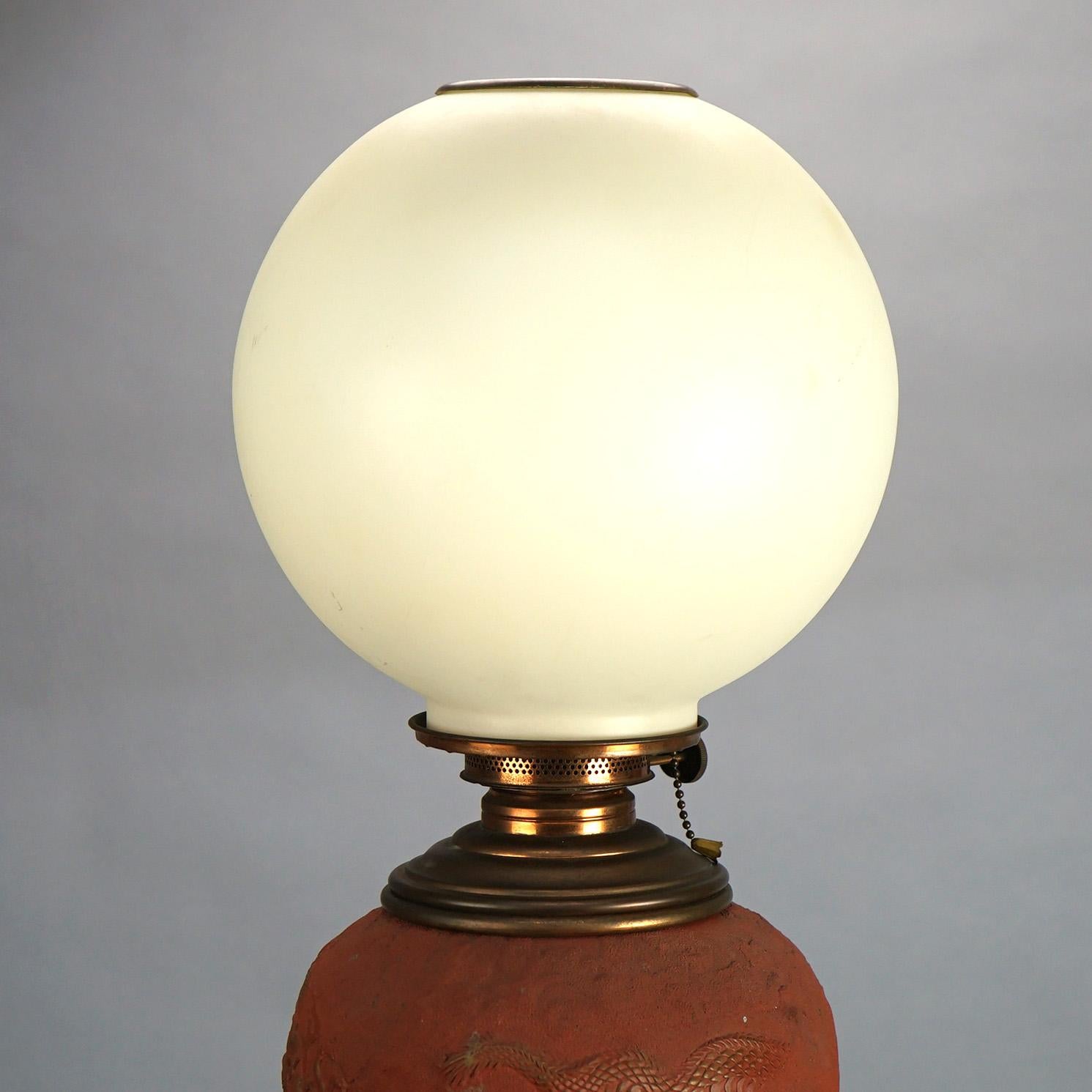 Antique Japanese Meiji Figural Terra Cotta Monumental Dragon Table Lamp C1900 In Good Condition In Big Flats, NY