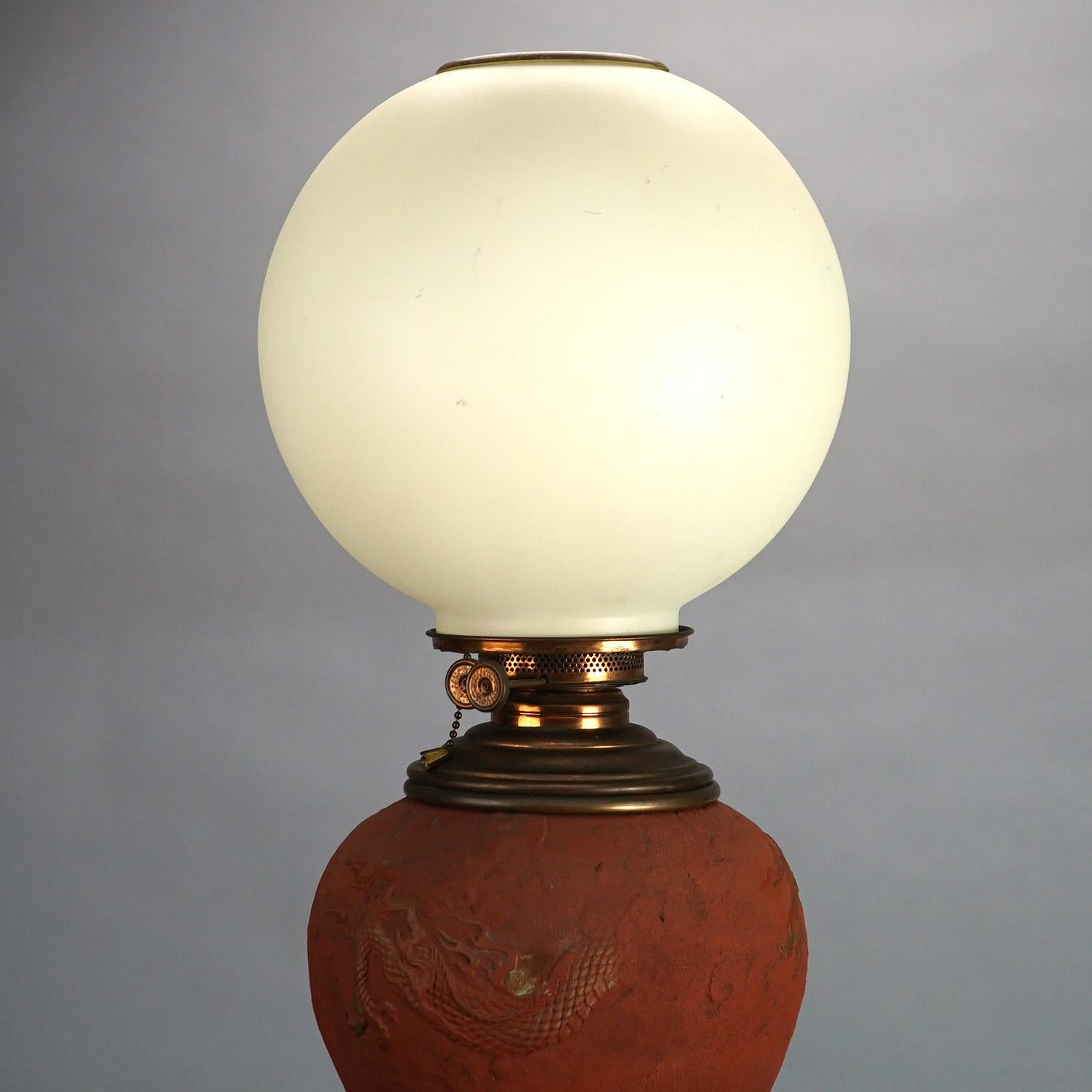 20th Century Antique Japanese Meiji Figural Terra Cotta Monumental Dragon Table Lamp C1900