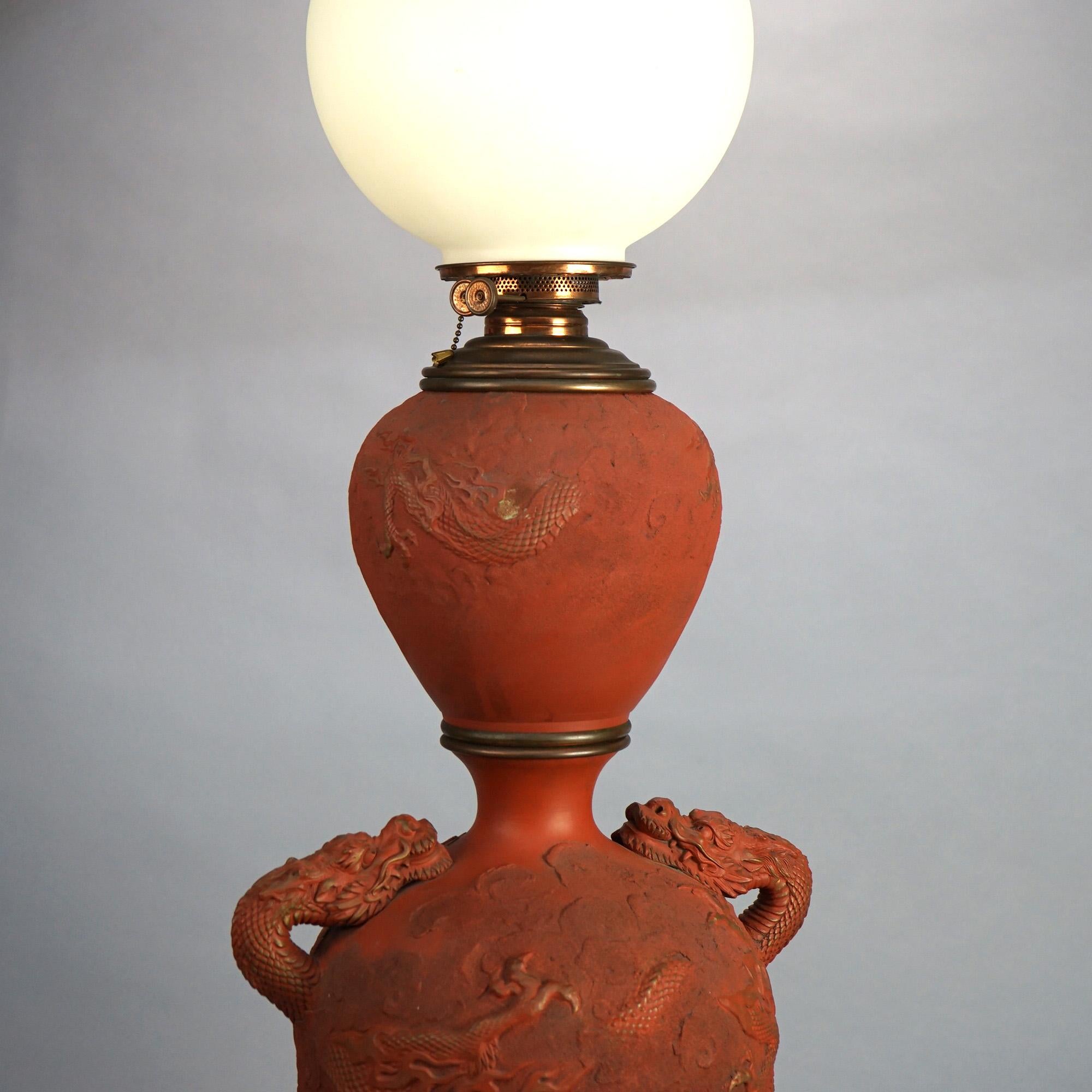 Terracotta Antique Japanese Meiji Figural Terra Cotta Monumental Dragon Table Lamp C1900