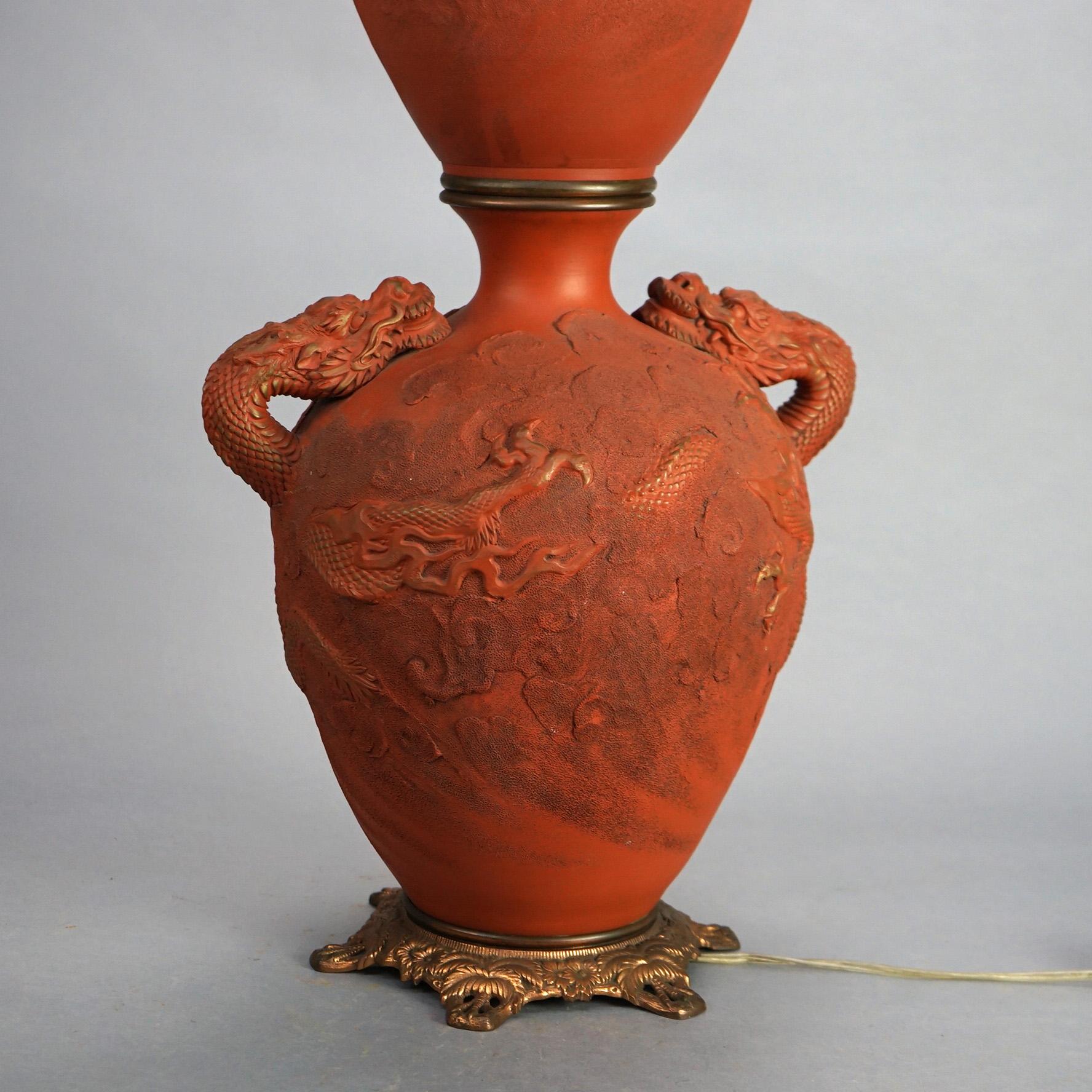 Antique Japanese Meiji Figural Terra Cotta Monumental Dragon Table Lamp C1900 1