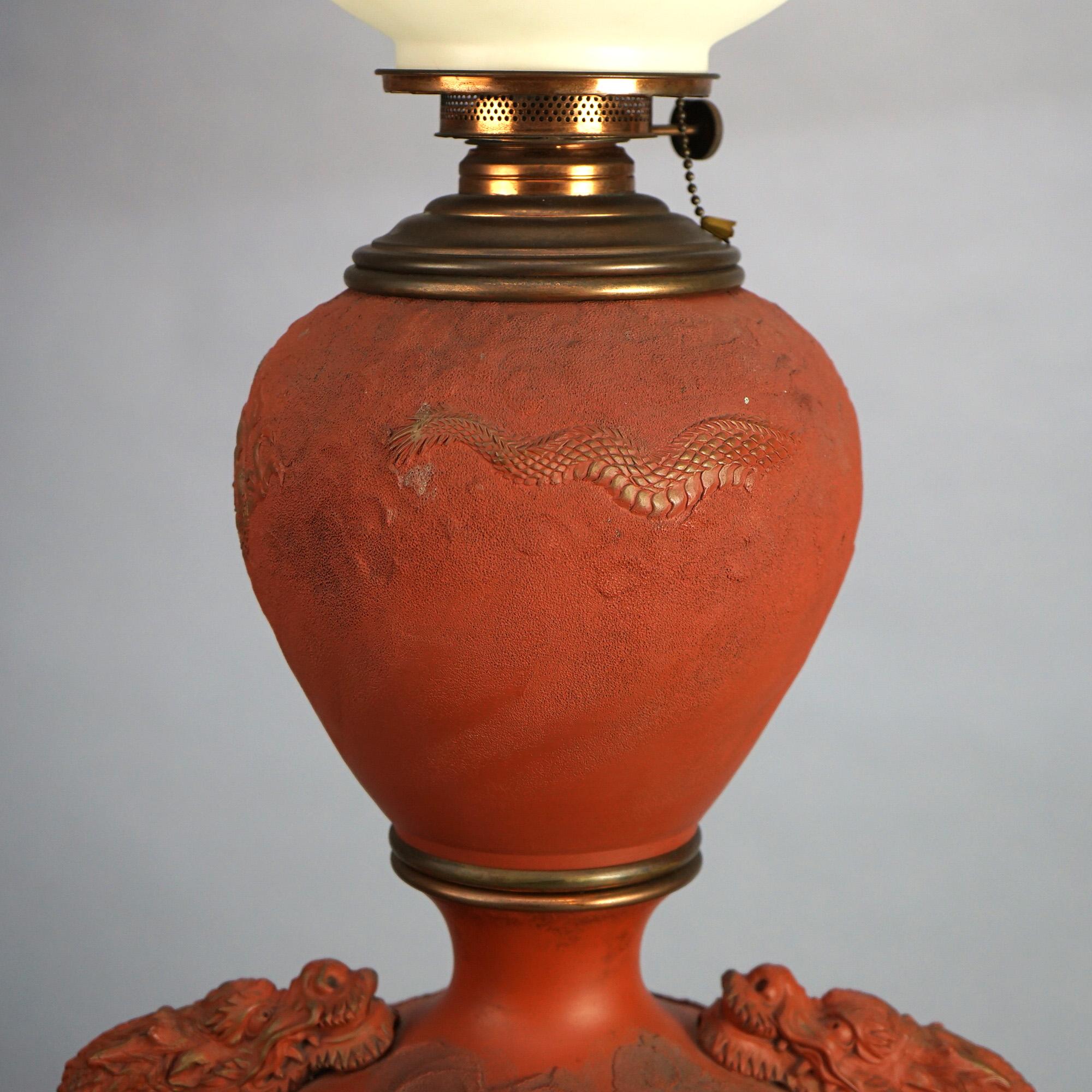 Antique Japanese Meiji Figural Terra Cotta Monumental Dragon Table Lamp C1900 2