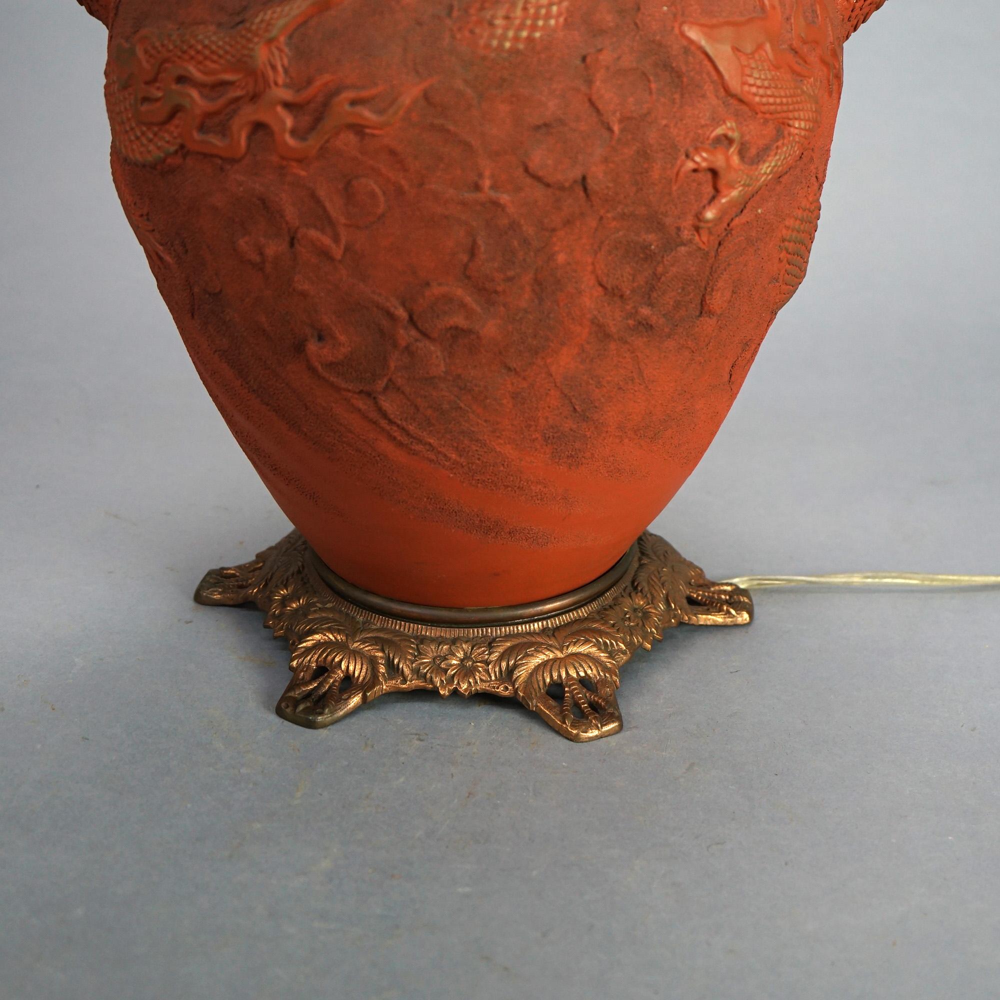 Antique Japanese Meiji Figural Terra Cotta Monumental Dragon Table Lamp C1900 3