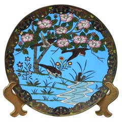 Antique Japanese Meiji Floral Enameled Bird Scene Cloisonne Charger C1920