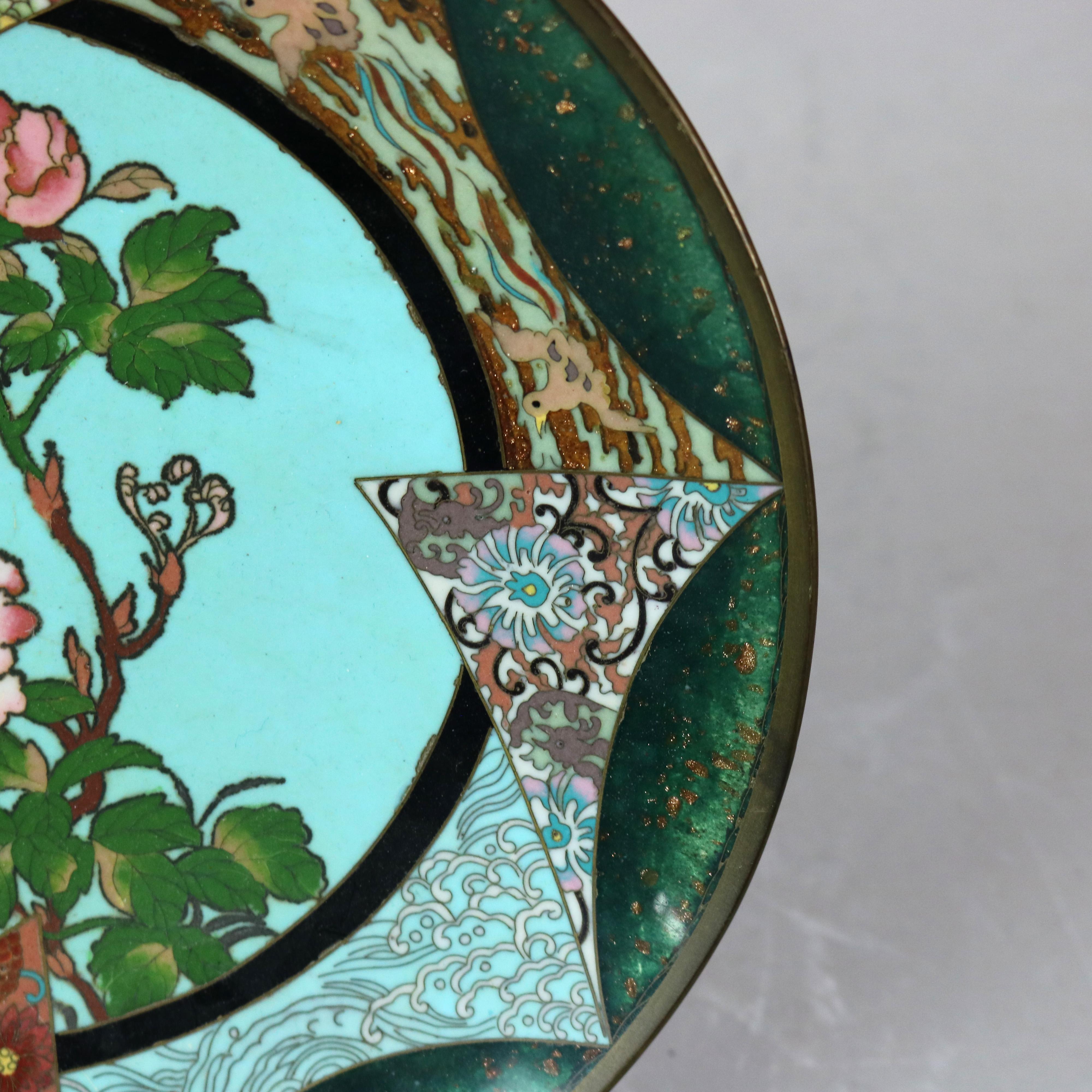 Antique Japanese Meiji Floral Enameled Cloisonne Charger C1920 In Good Condition For Sale In Big Flats, NY