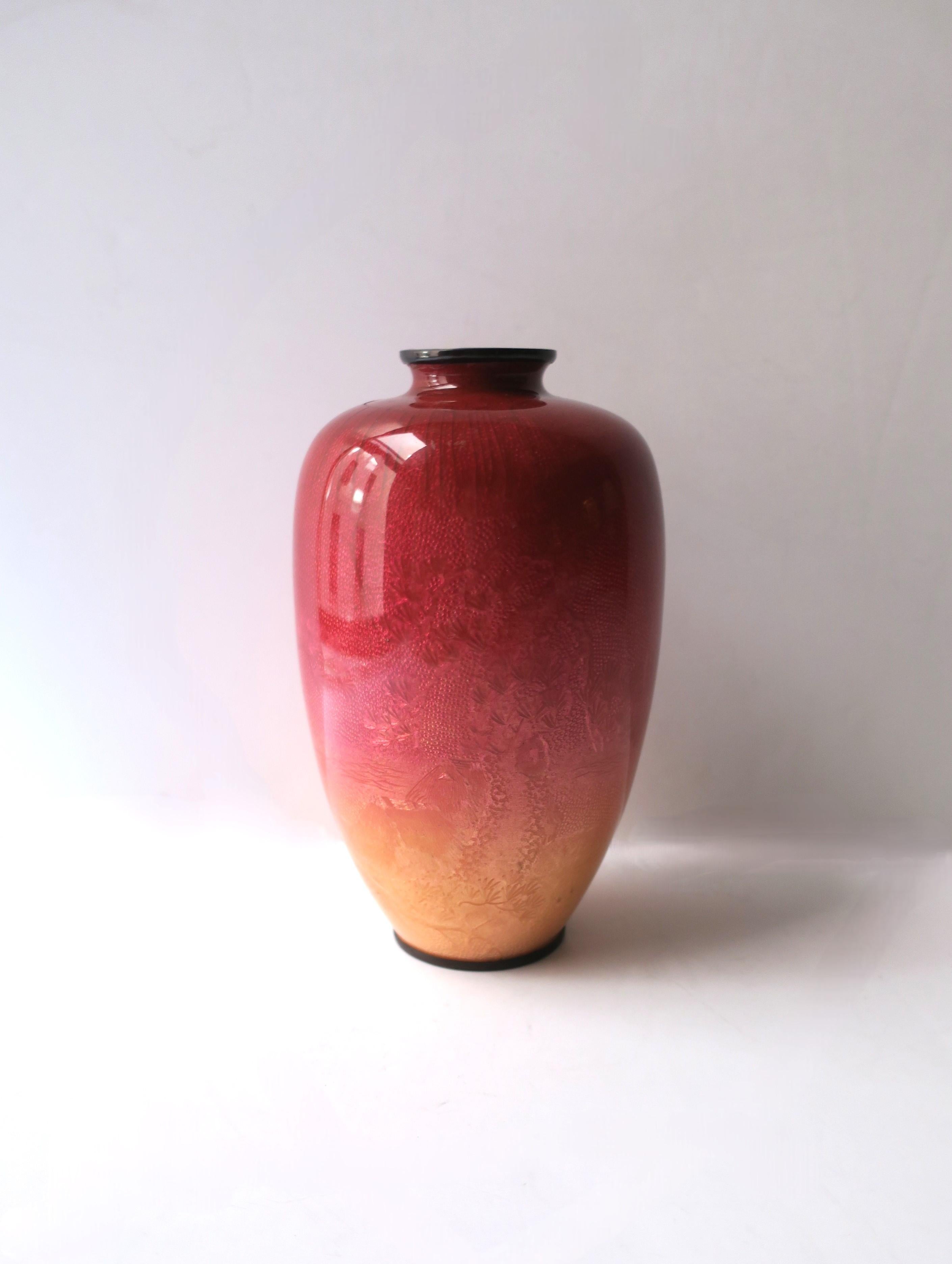 An antique Meiji period Ginbari clear and ombre' cloisonne enamel decorated silver and copper vase, circa late-19th century, Japan. This urn shaped vase is a clear and ombre' enamel over decorated silver and copper in the ginbari cloisonne