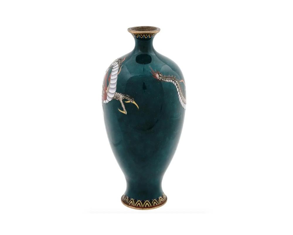 Cloissoné Antique Japanese Meiji Green Goldstone Enamel Dragon Vase For Sale