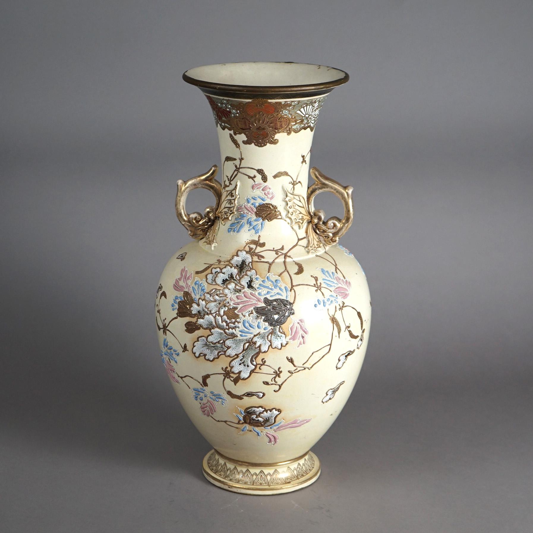 Hand-Painted Antique Japanese Meiji Hand Painted & Gilt Pottery Vase C1900 For Sale