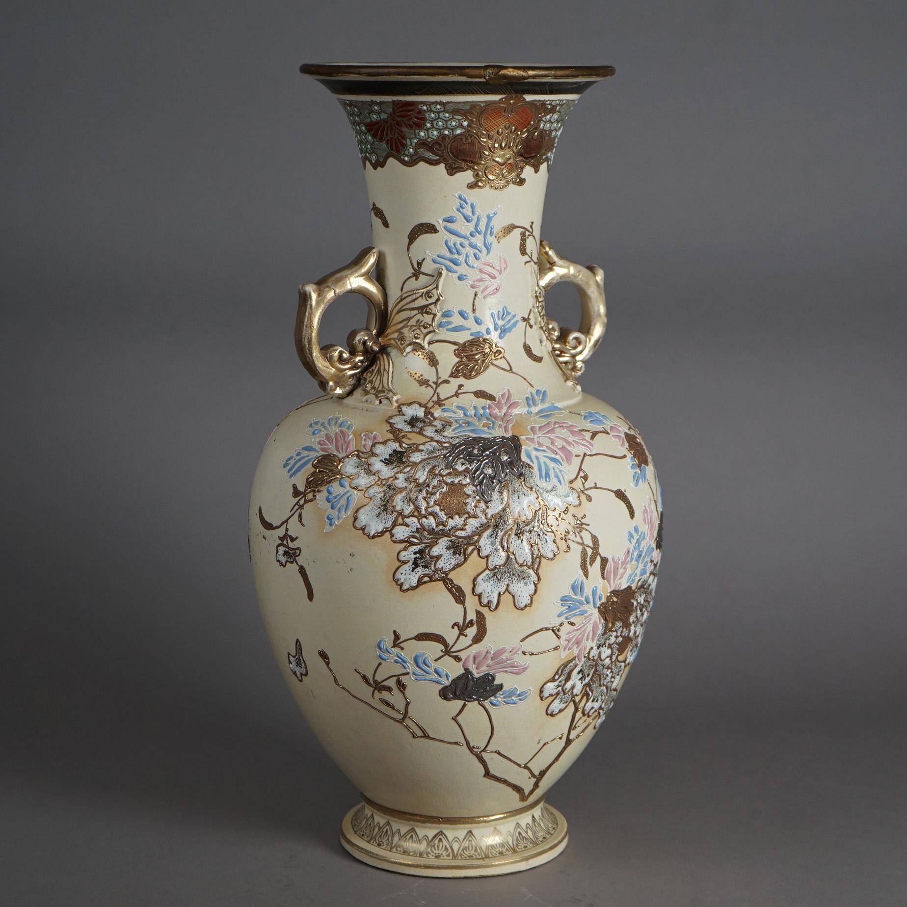 Antique Japanese Meiji Hand Painted & Gilt Pottery Vase C1900 In Good Condition For Sale In Big Flats, NY