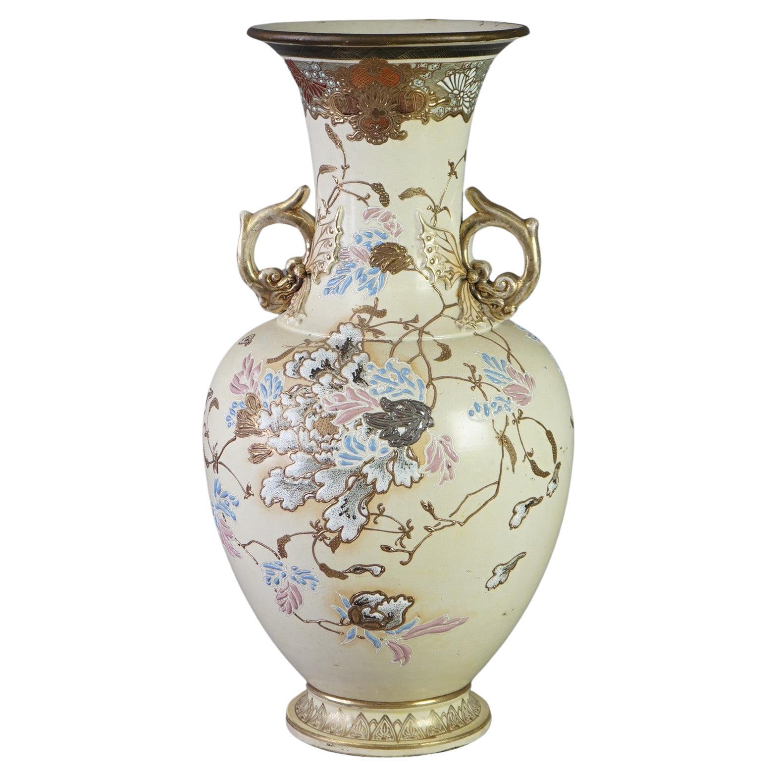 Antique Japanese Meiji Hand Painted & Gilt Pottery Vase C1900 For Sale