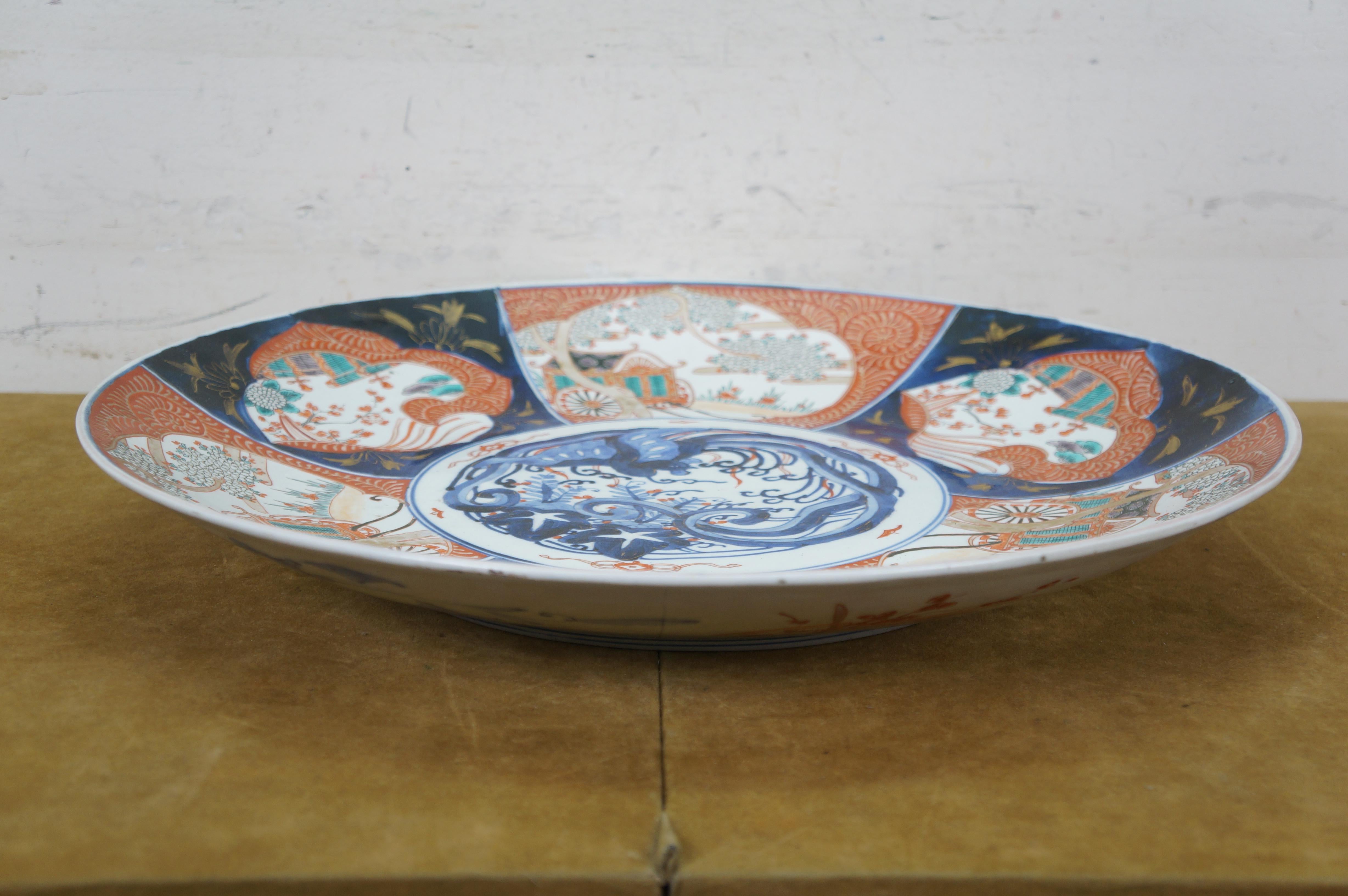 Antique Japanese Meiji Imari Porcelain Phoenix Rickshaw Platter Charger 18