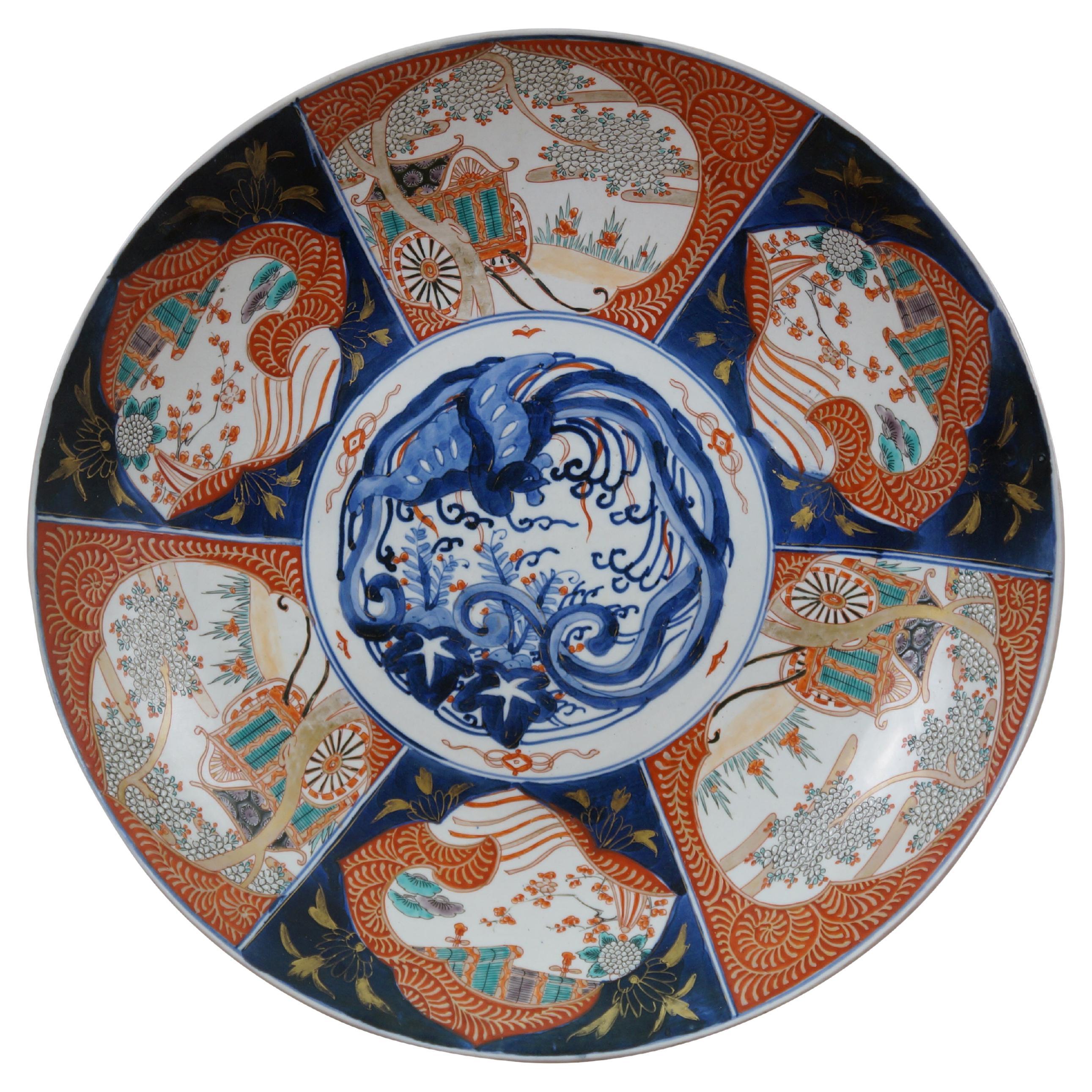Antique Japanese Meiji Imari Porcelain Phoenix Rickshaw Platter Charger 18" For Sale