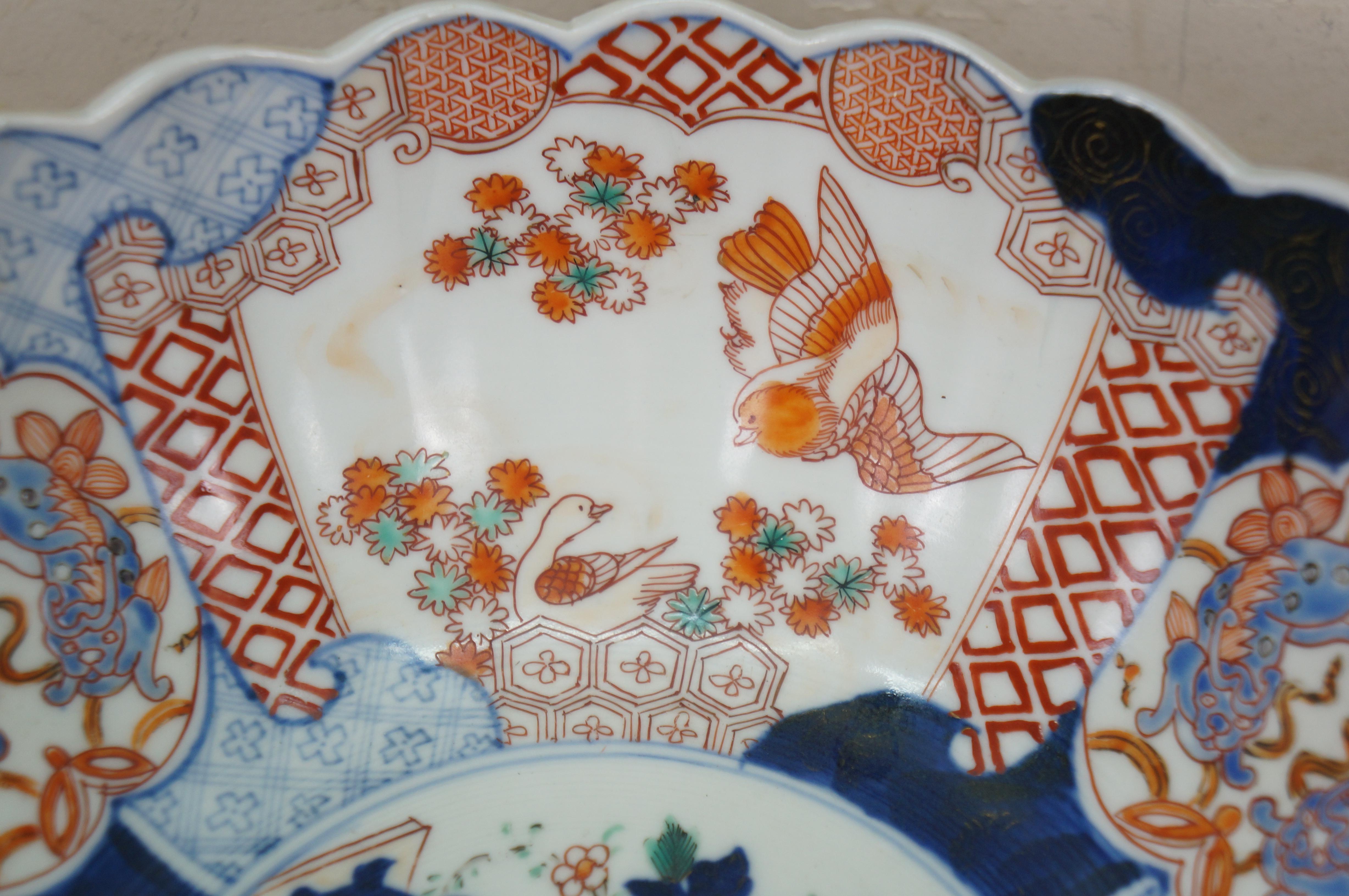 Antique Japanese Meiji Imari Porcelain Scalloped Edge Lions Birds Bowl 10